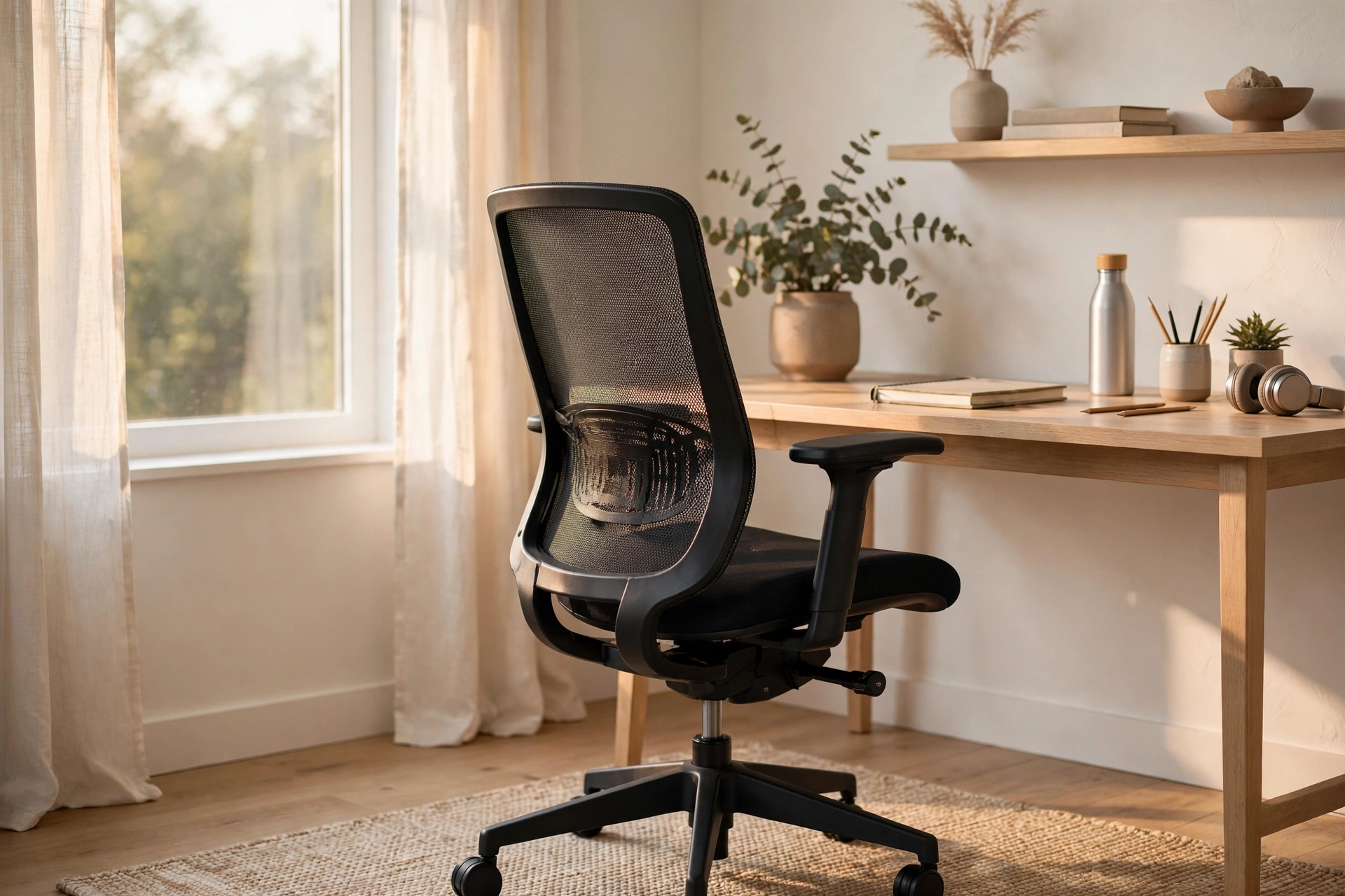 Modern mesh-back task chair in a bright minimalist home office