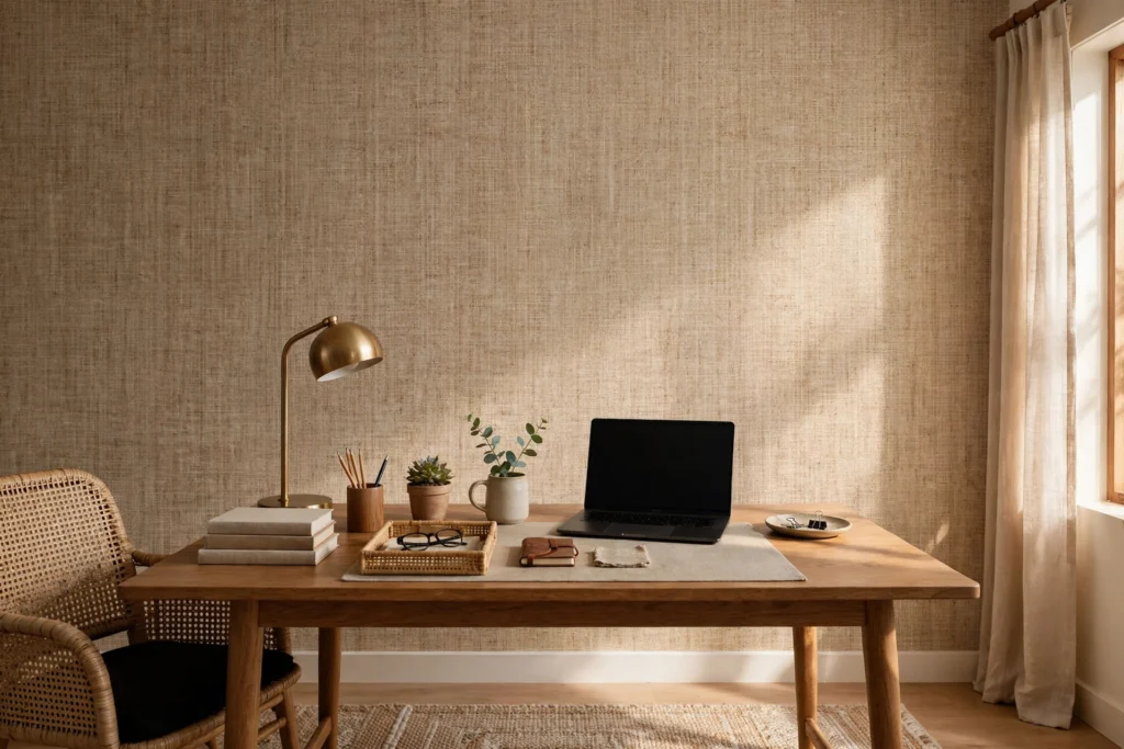 Textured grasscloth wallpaper behind a home office desk with a focused workspace