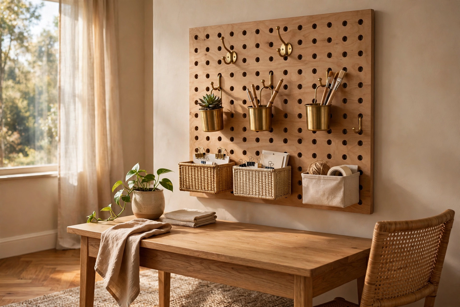 Wooden pegboard in a warm home office with brass hooks cups and small storage bins