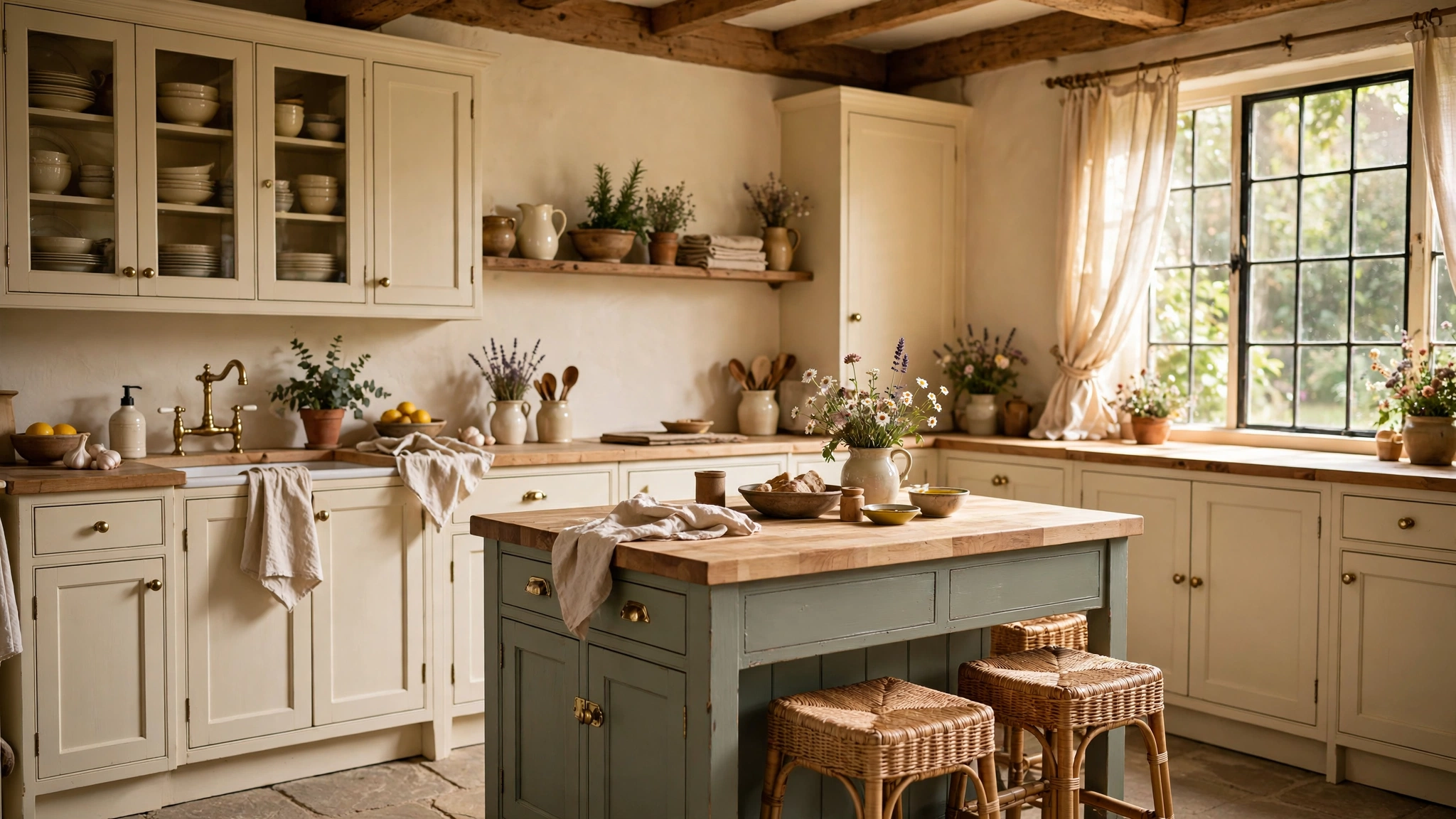 Sage green freestanding kitchen island with butcher-block top in a cottage kitchen