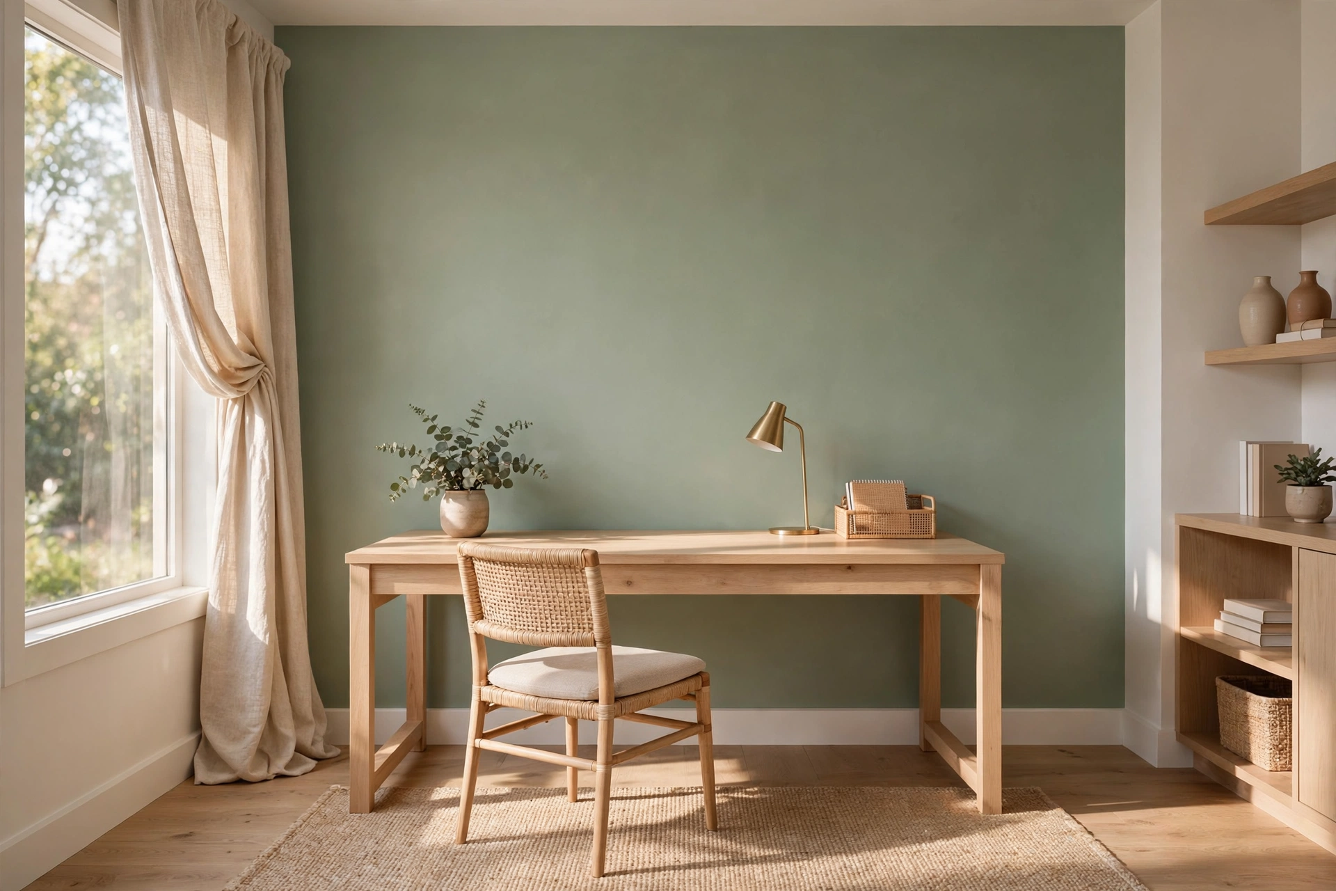 Home office with a soft sage green accent wall behind a light wood desk