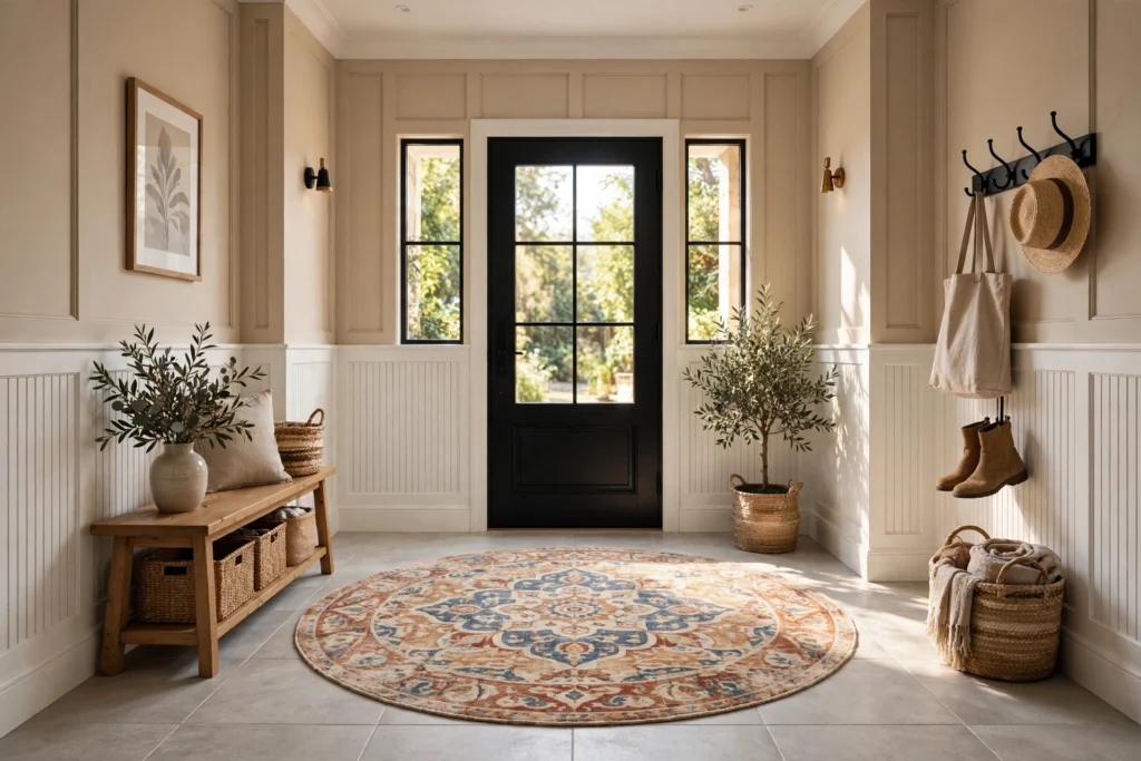 Patterned rug layered over a large natural jute base rug in an entryway