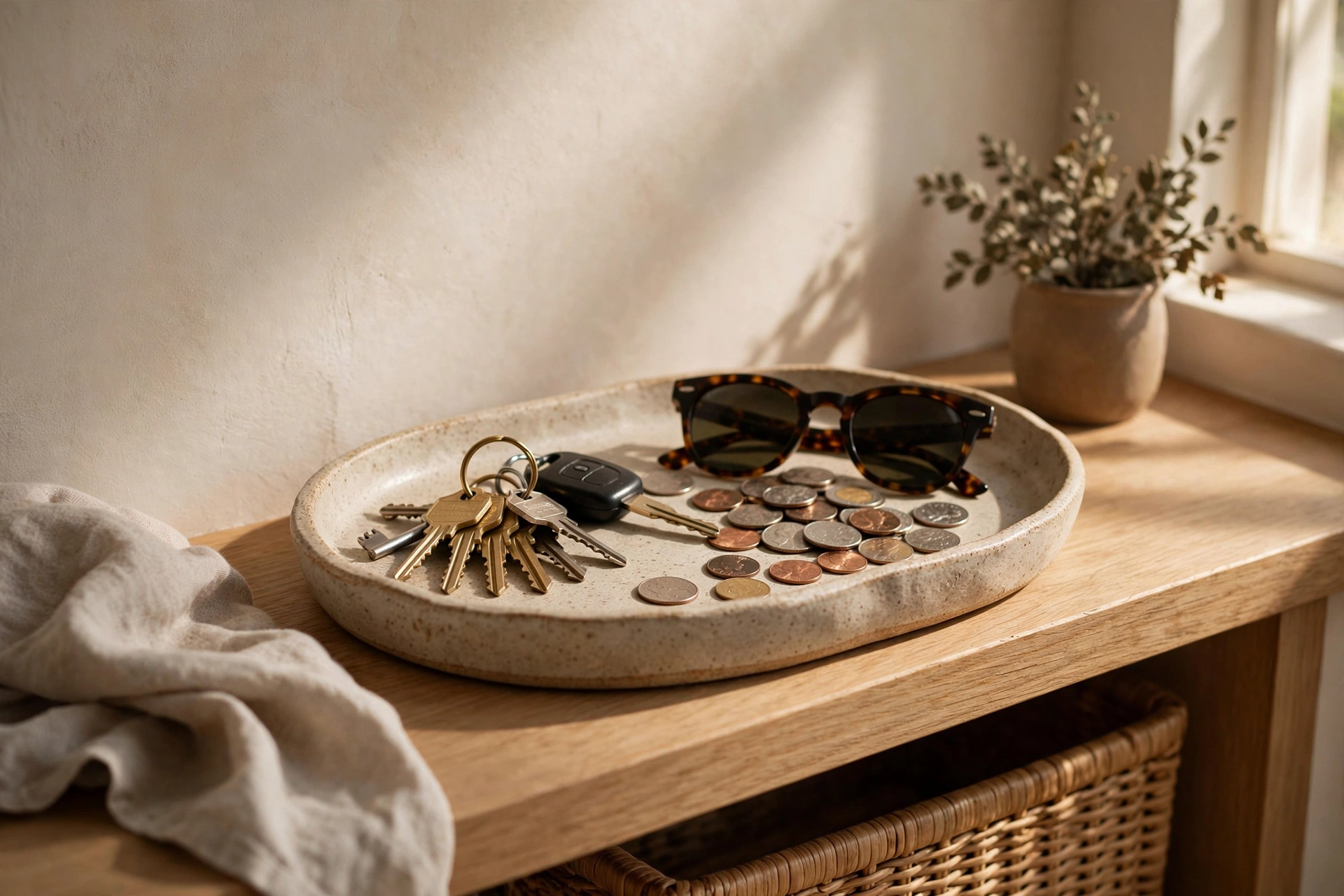 Ceramic catch-all tray on an entryway shelf holding keys, sunglasses, and spare change