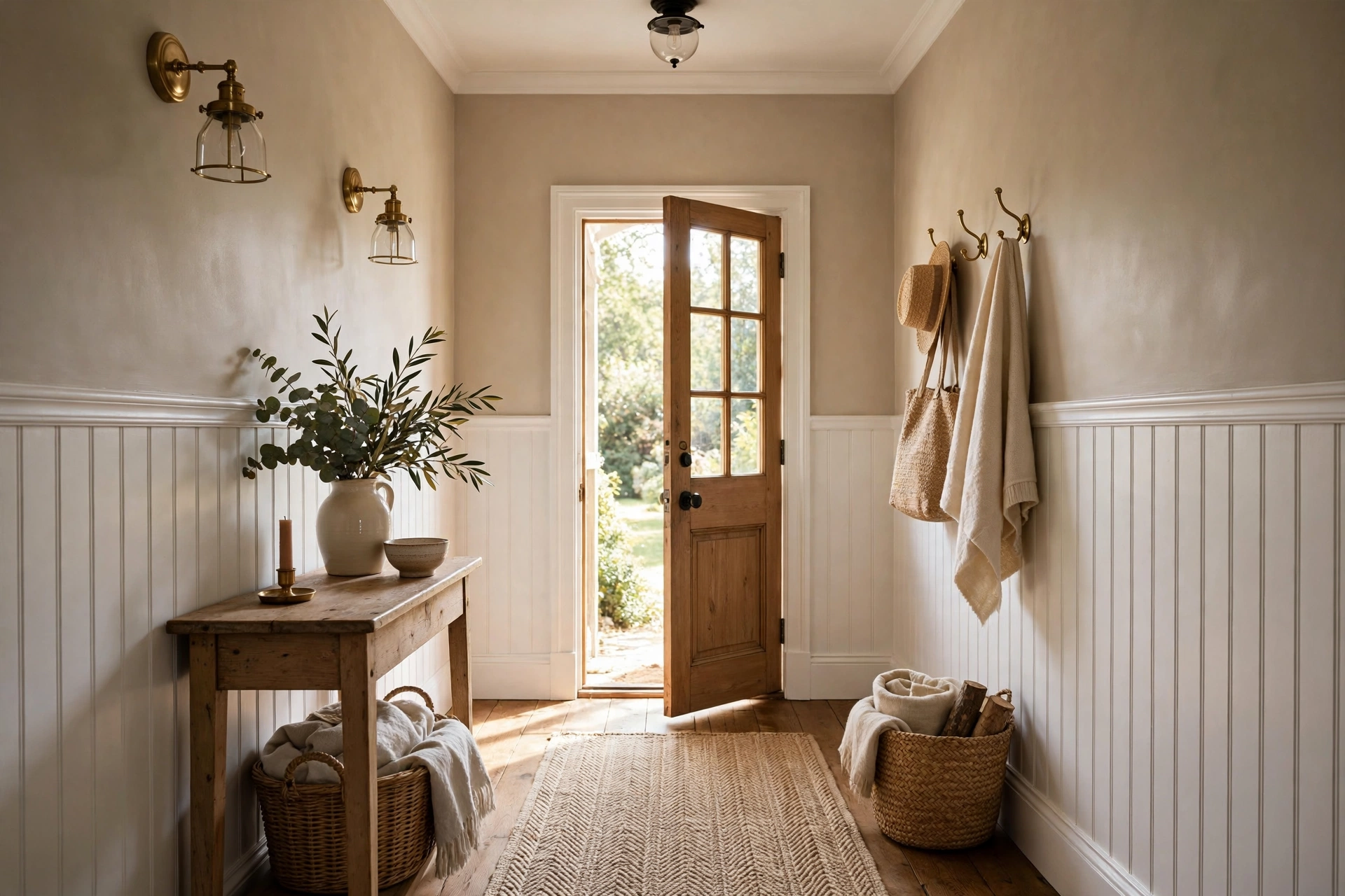 White beadboard wainscoting in a cottage style foyer with warm neutral walls