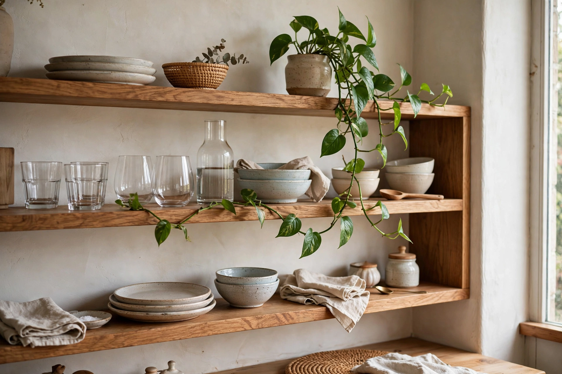 Wooden open shelves styled with dishes glasses and a trailing plant