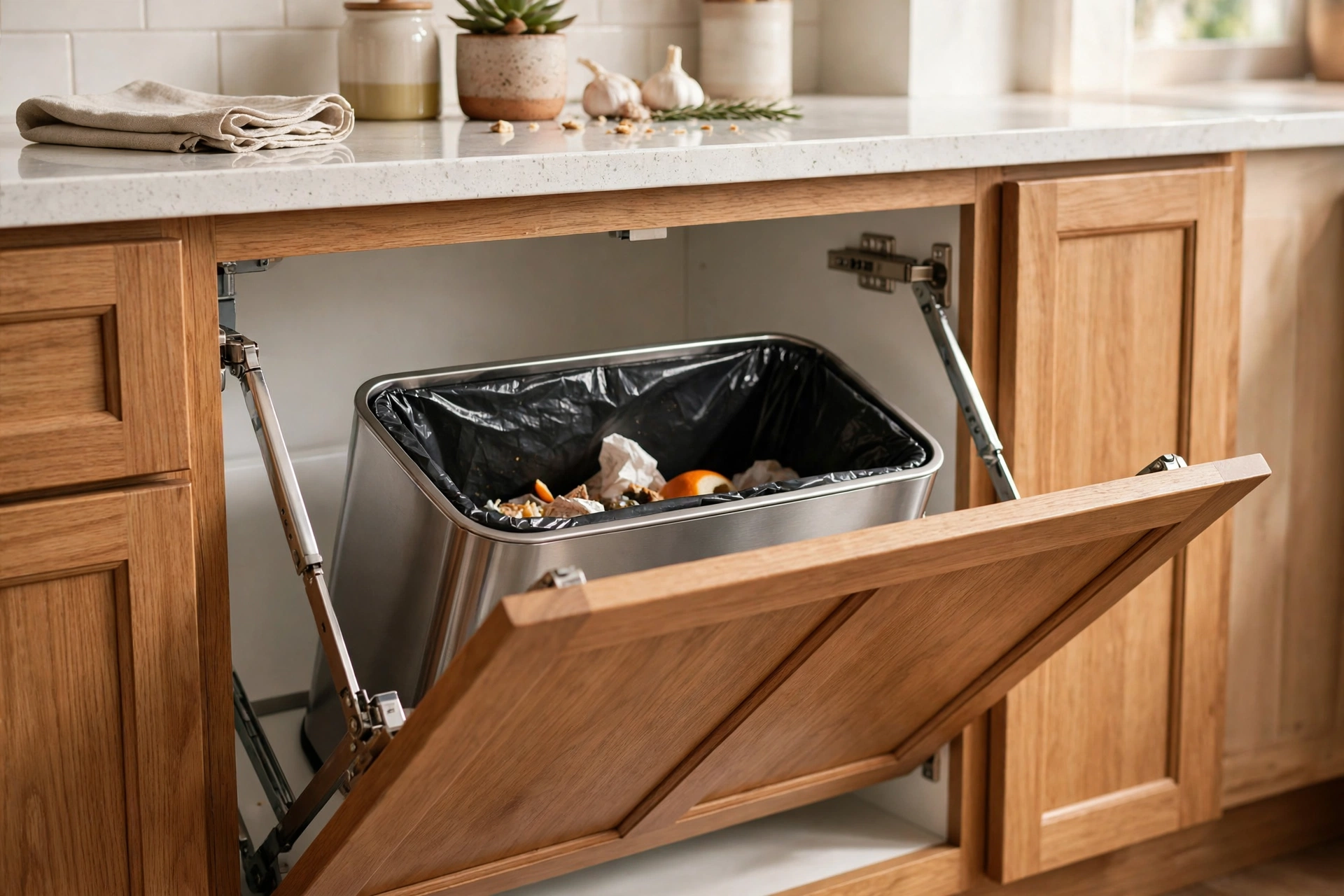 Tilt out cabinet door revealing a hidden trash bin inside