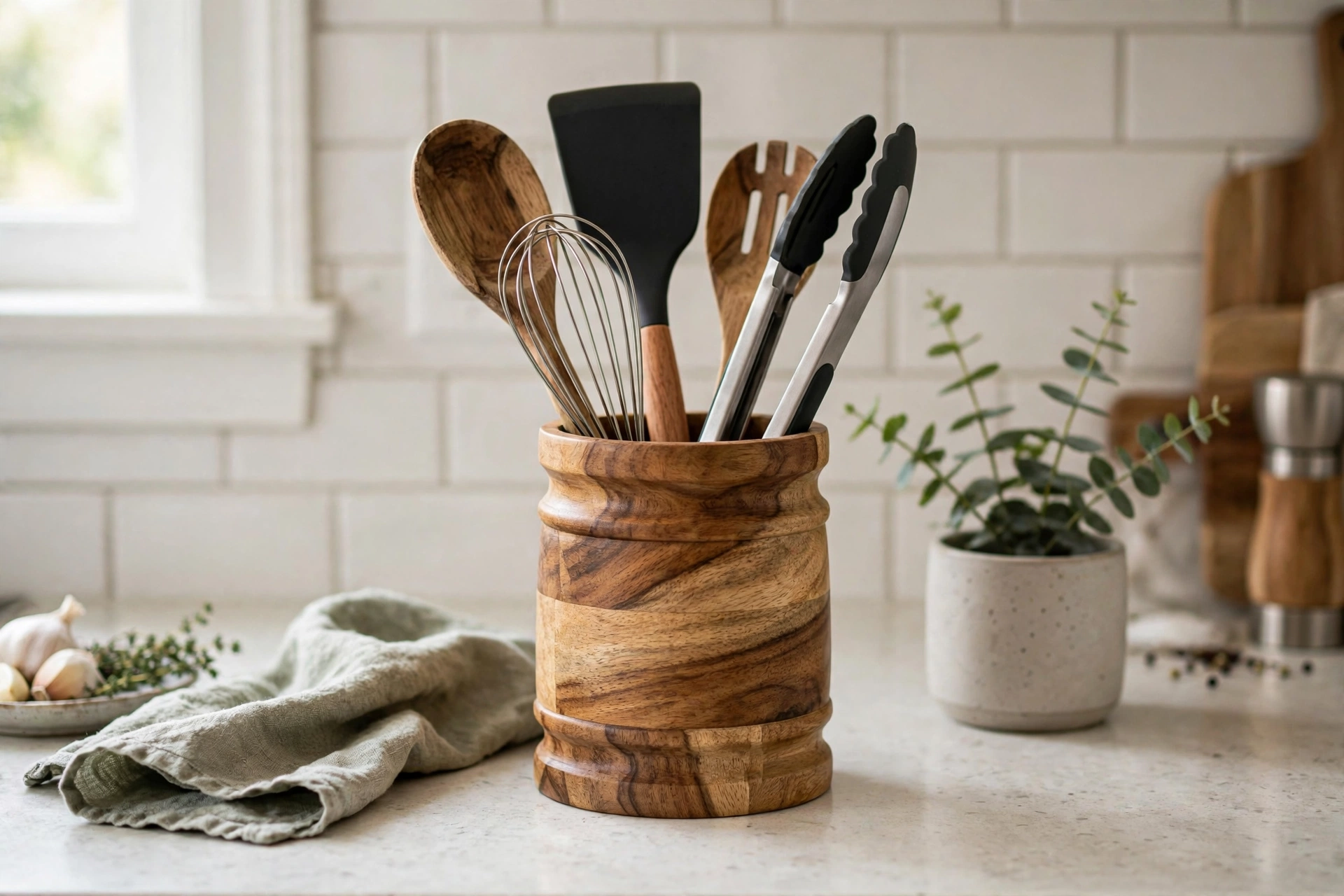 Turned acacia wood utensil holder with cooking tools on a counter