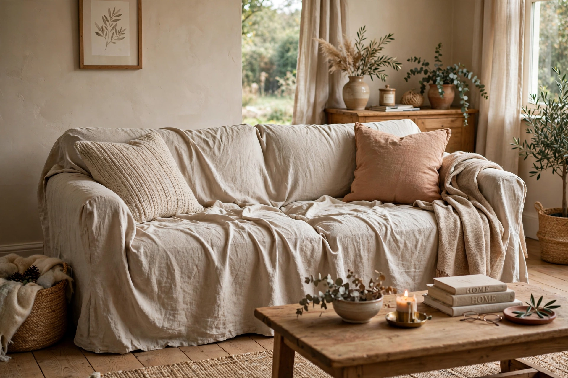 Relaxed beige linen slipcover sofa with rumpled texture in a cozy room
