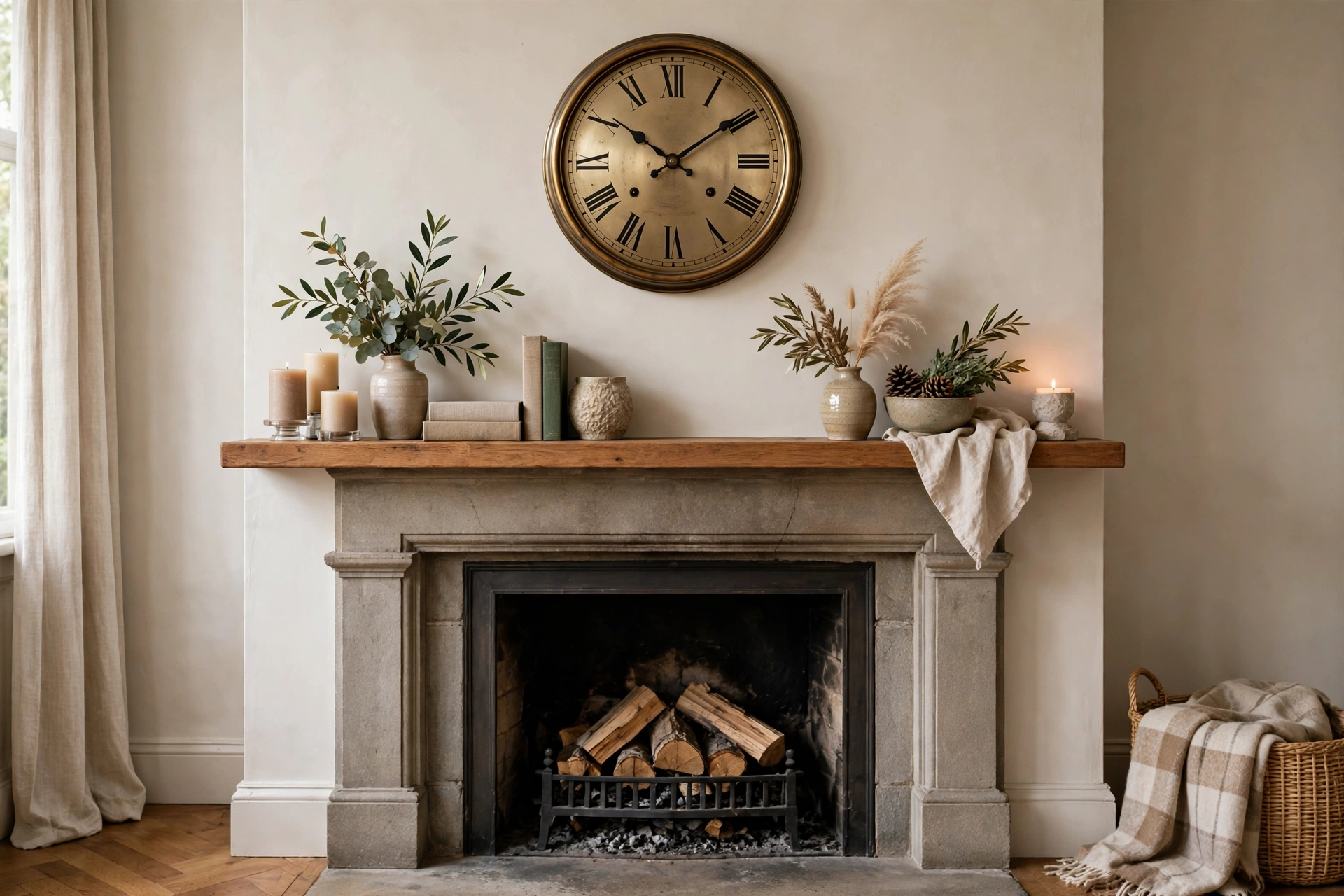 Classic wall clock with roman numerals above a fireplace mantel