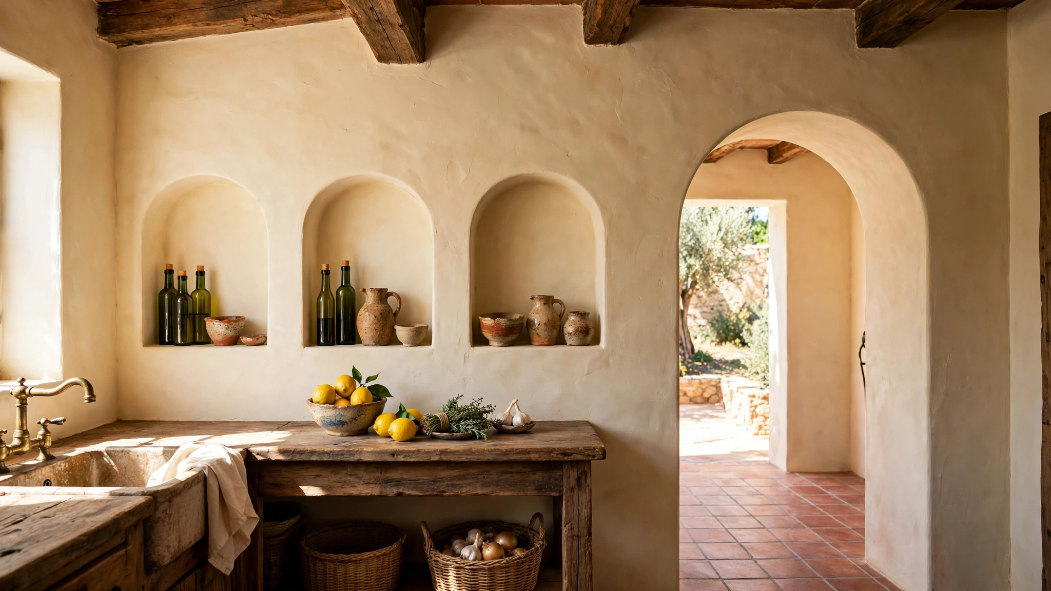 Arched plaster doorway and wall niches with ceramics in a Mediterranean kitchen