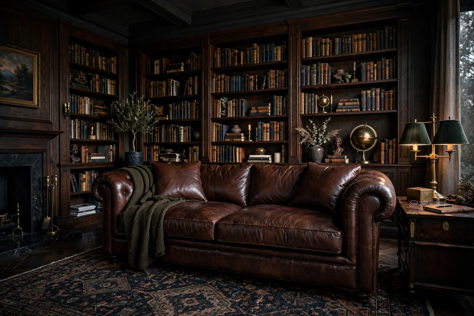 Deep espresso brown leather sofa in a moody library style living room