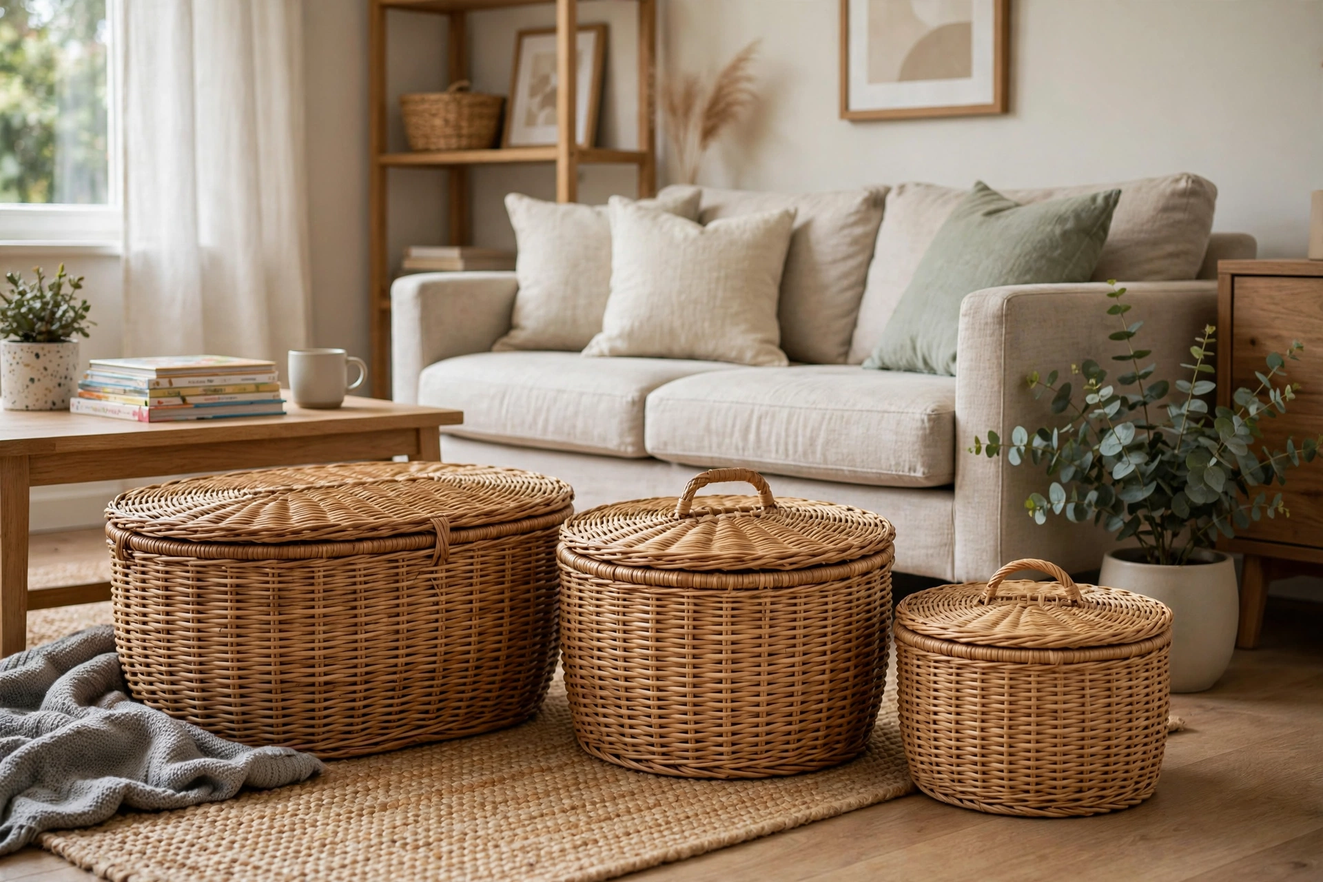 Lidded woven baskets hiding children's toys in a tidy living room