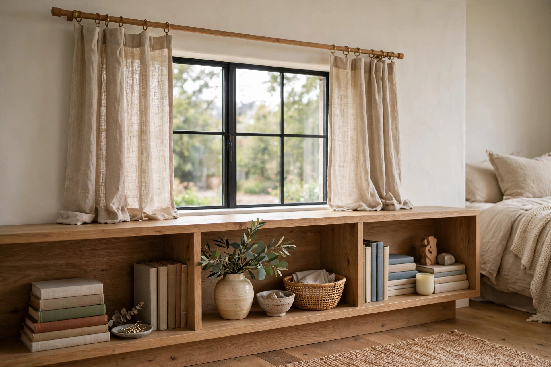Low horizontal bookcase under a bedroom window with styled decor