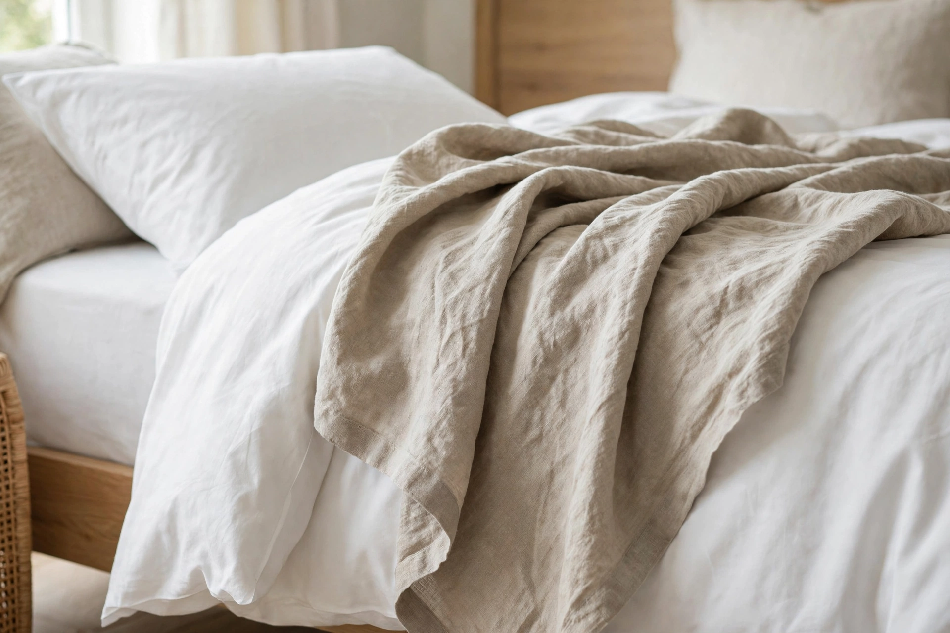 Washed linen throw blanket loosely draped over crisp white cotton bedding