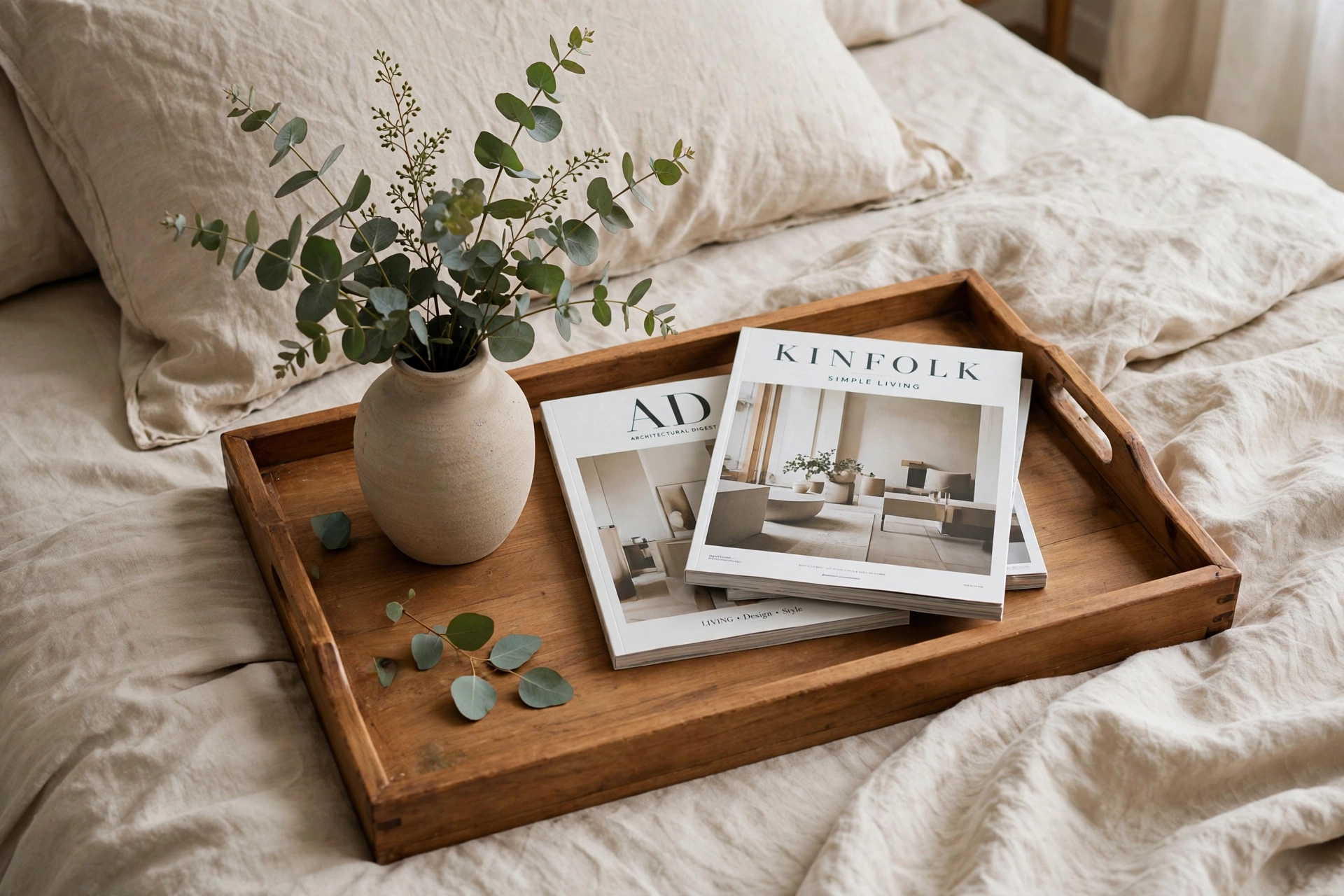 Wooden breakfast tray styled with vase and magazines on a bed