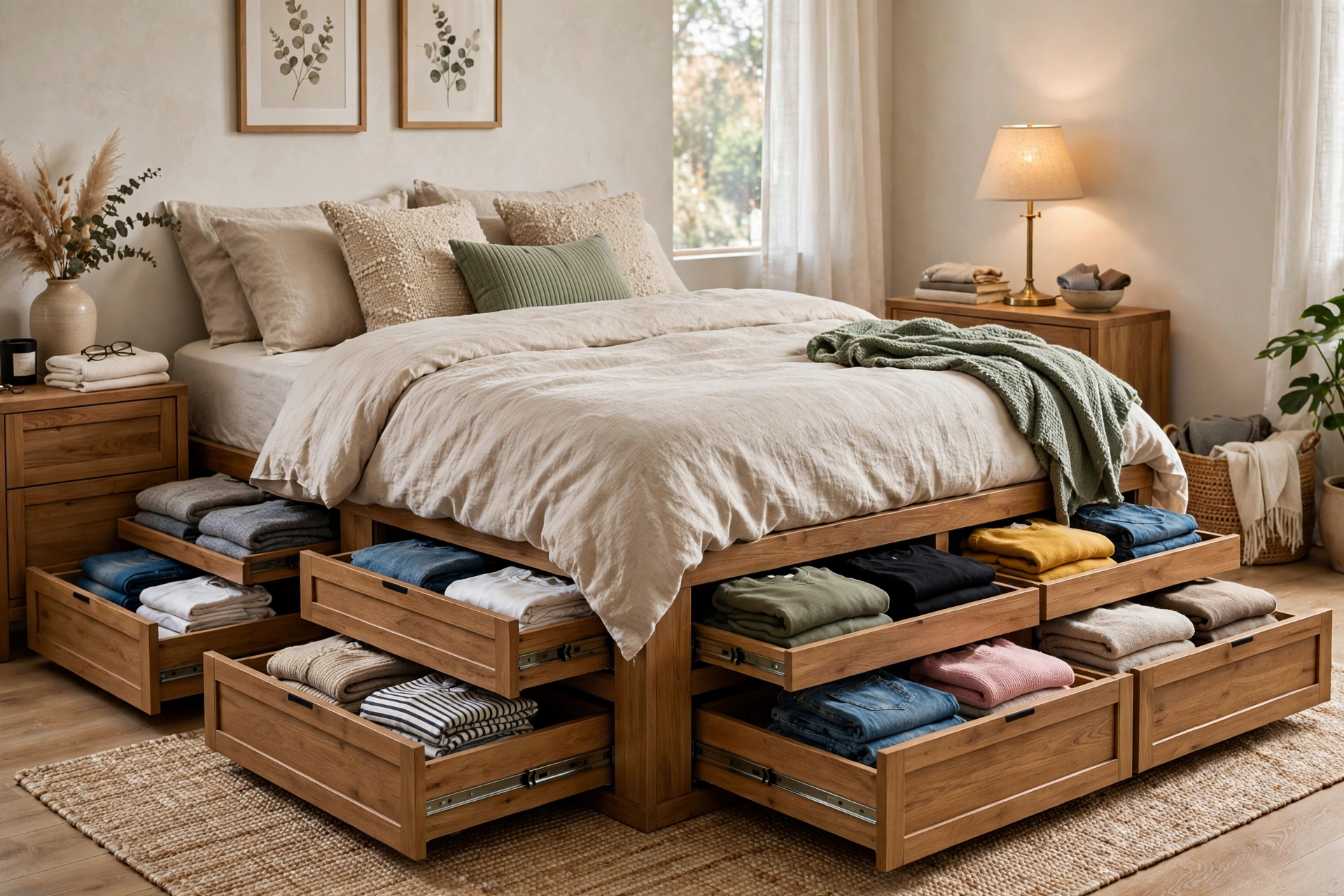 Storage bed with deep drawers open on both sides holding folded clothes