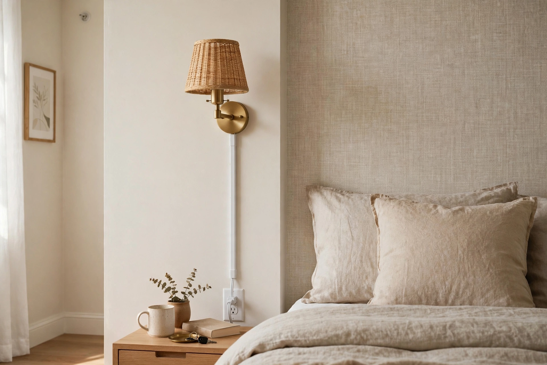 Plug-in wall sconce with cord cover beside a bed in a rental bedroom