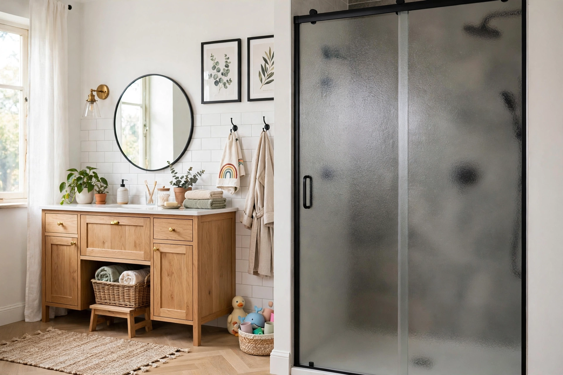 Frosted glass shower door providing privacy in a bright family bathroom