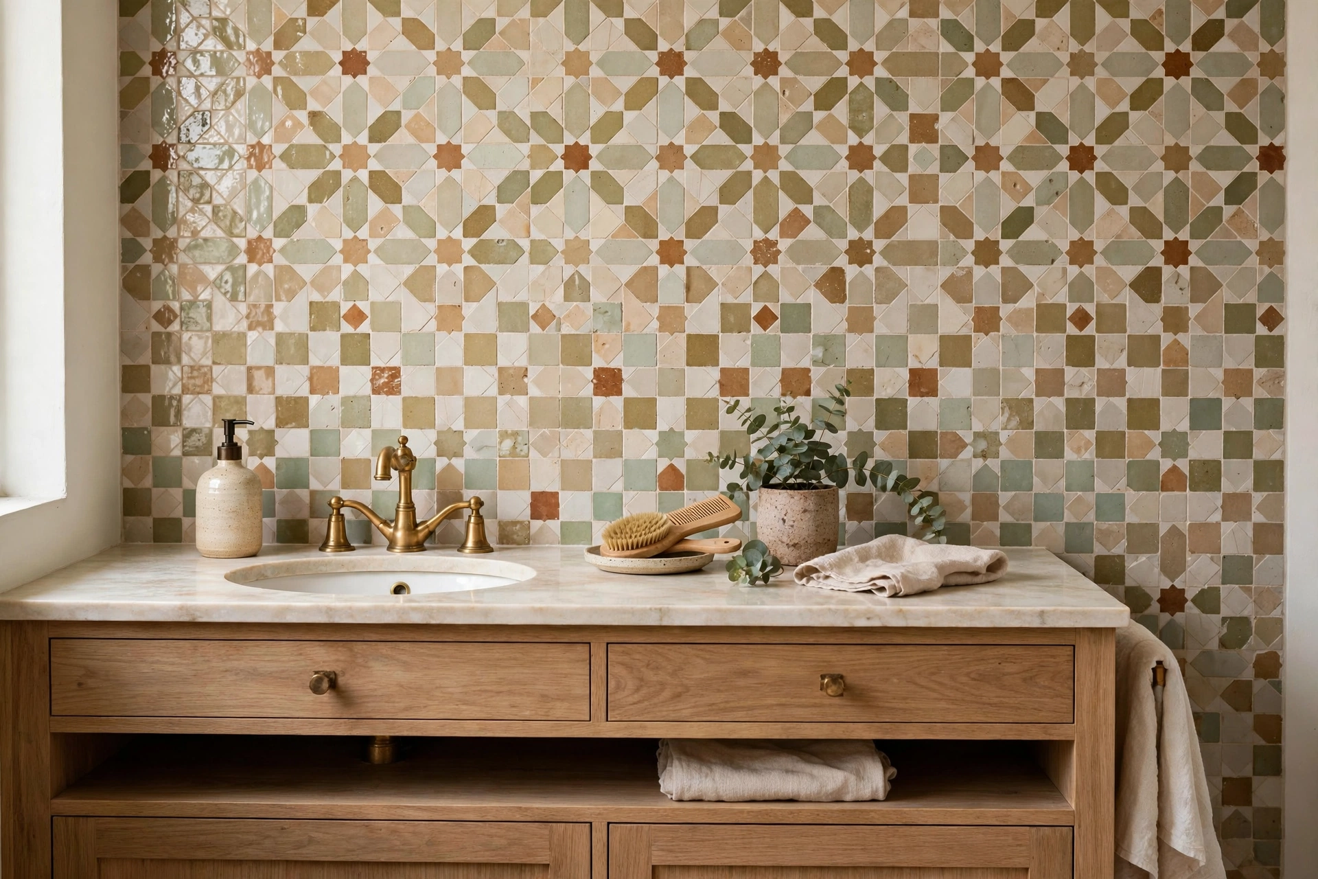 Handmade zellige tile backsplash with artisan texture behind a vanity