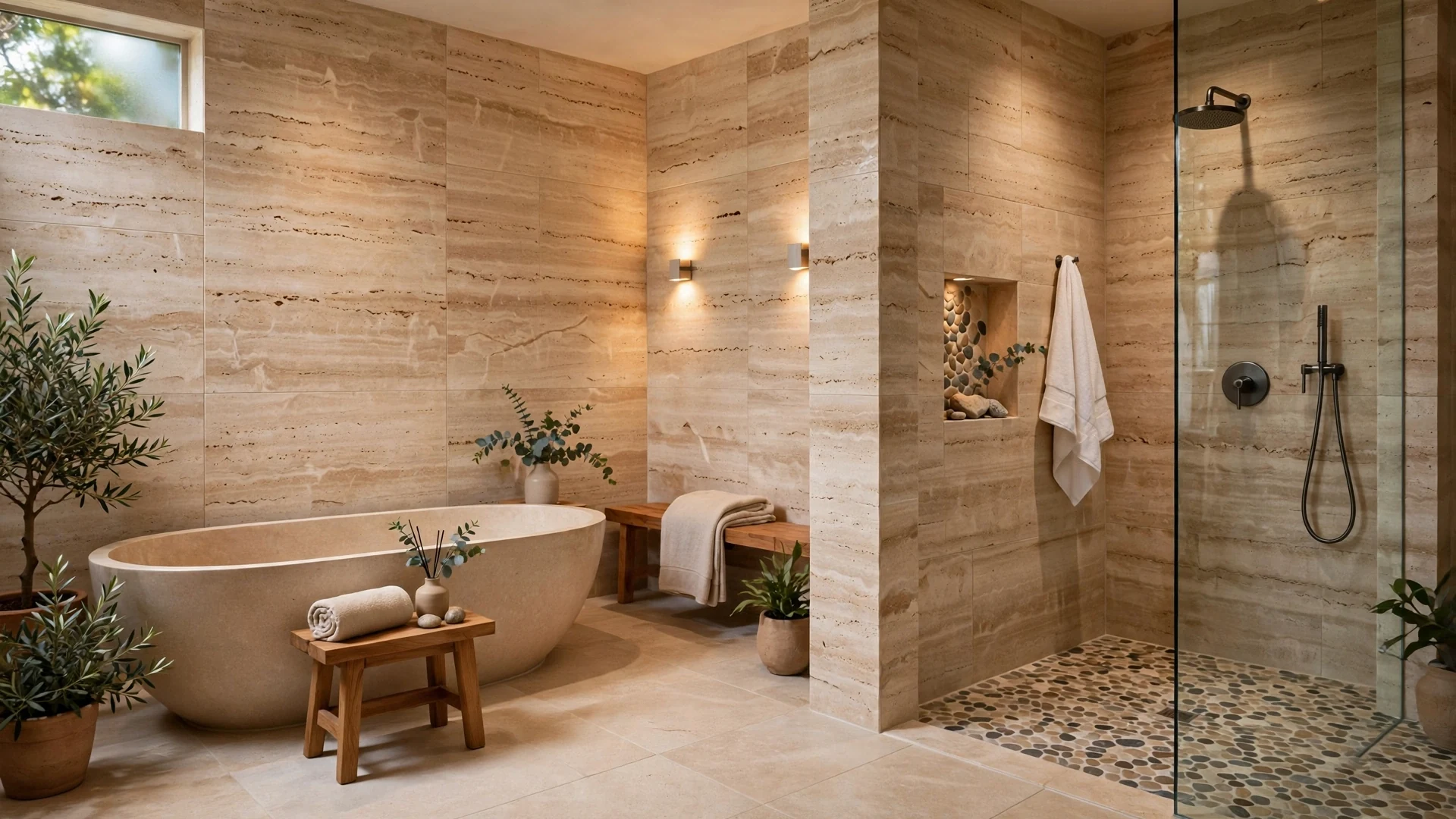 Spa bathroom wrapped in natural travertine stone walls and pebble shower floor