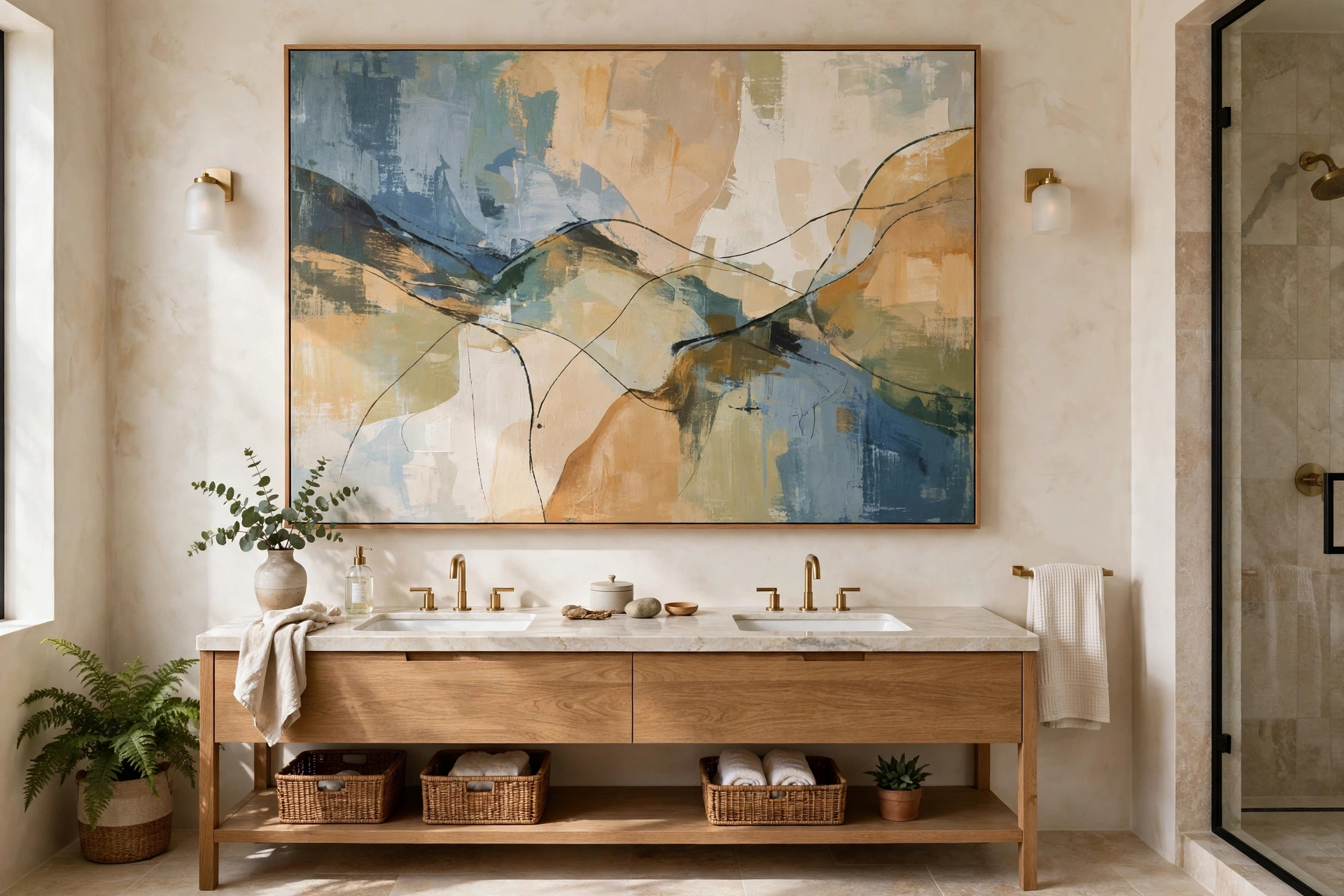 Oversized abstract art piece as a focal point on a bathroom wall