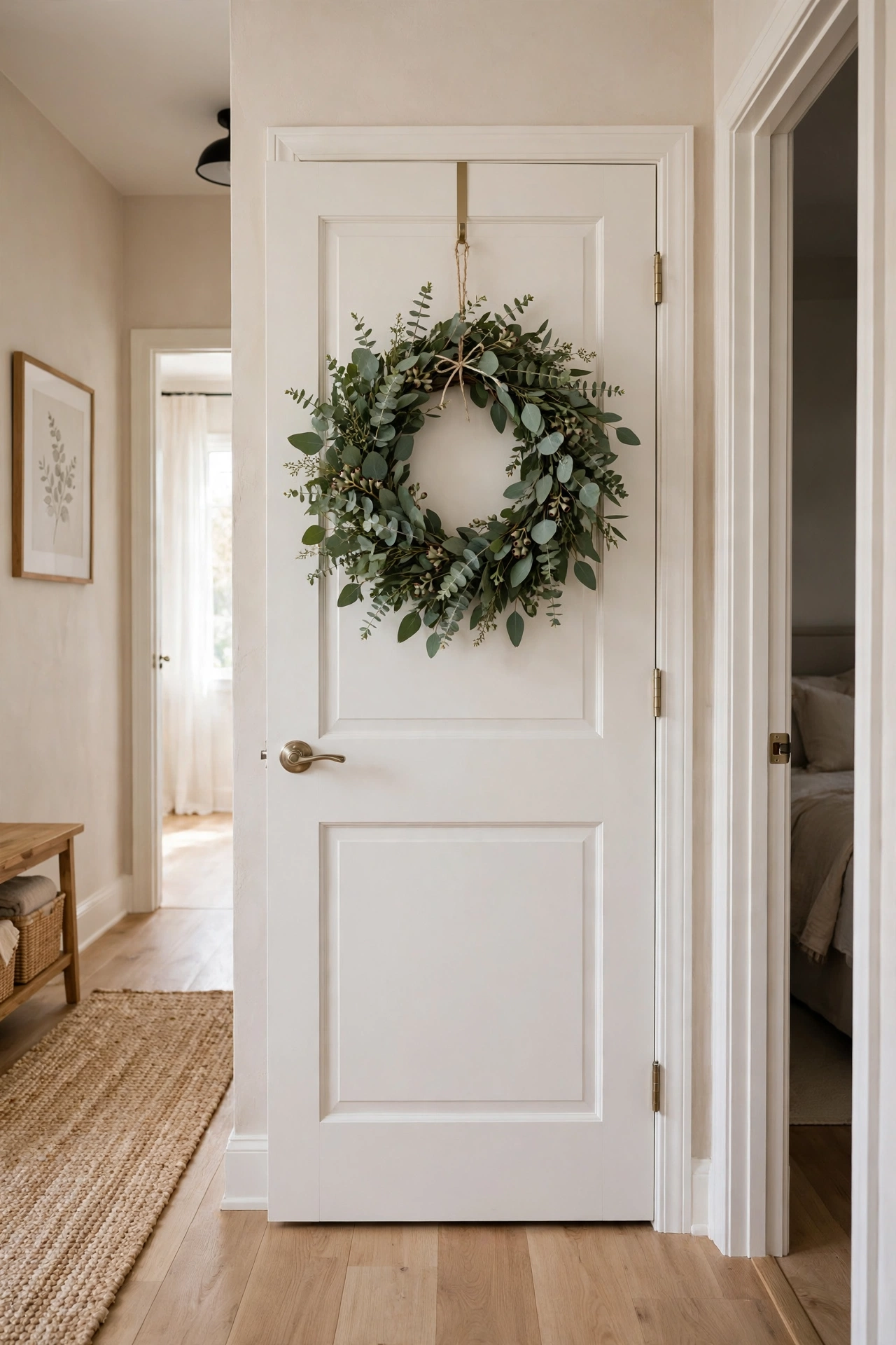 Eucalyptus wreath hanging on a white bathroom door in a hallway