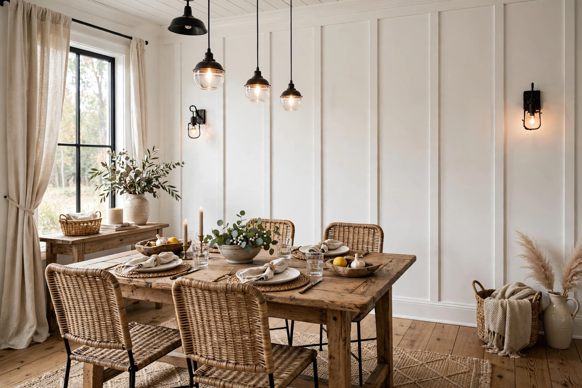 White board and batten accent wall in a farmhouse dining room