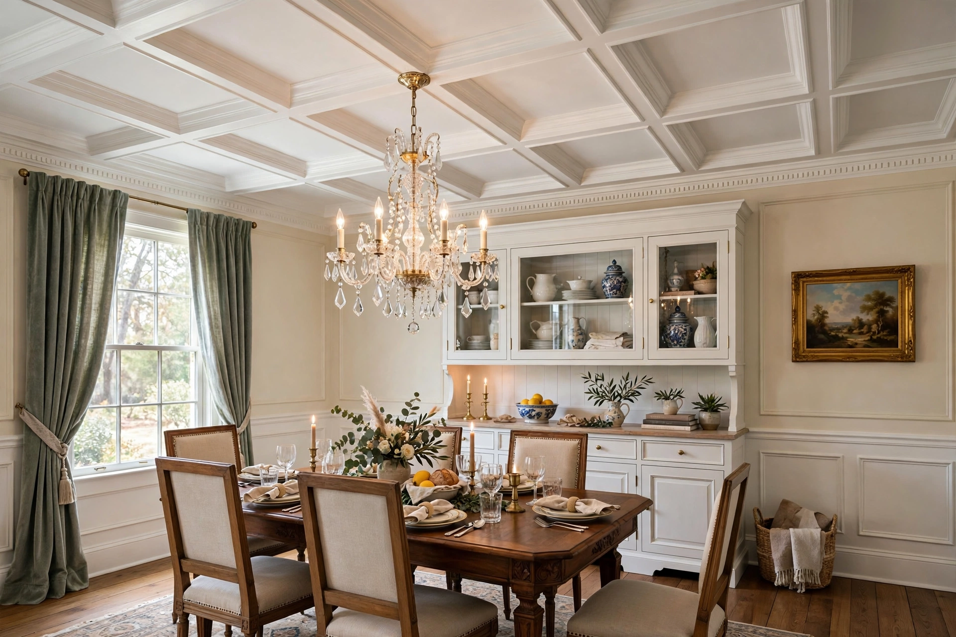 Traditional dining room with a white coffered ceiling and chandelier