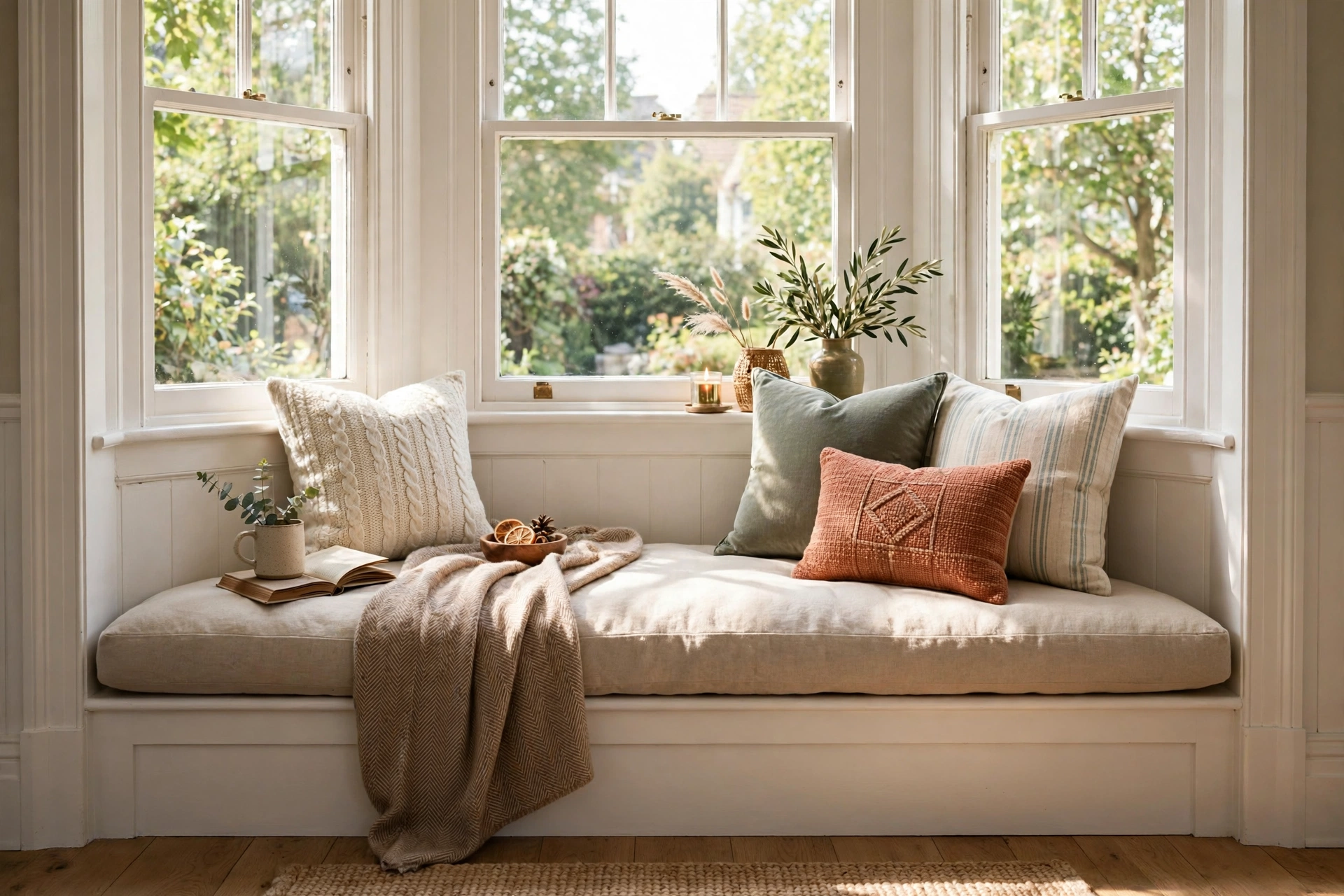 Cushioned window seat with throw pillows in a bright bay window