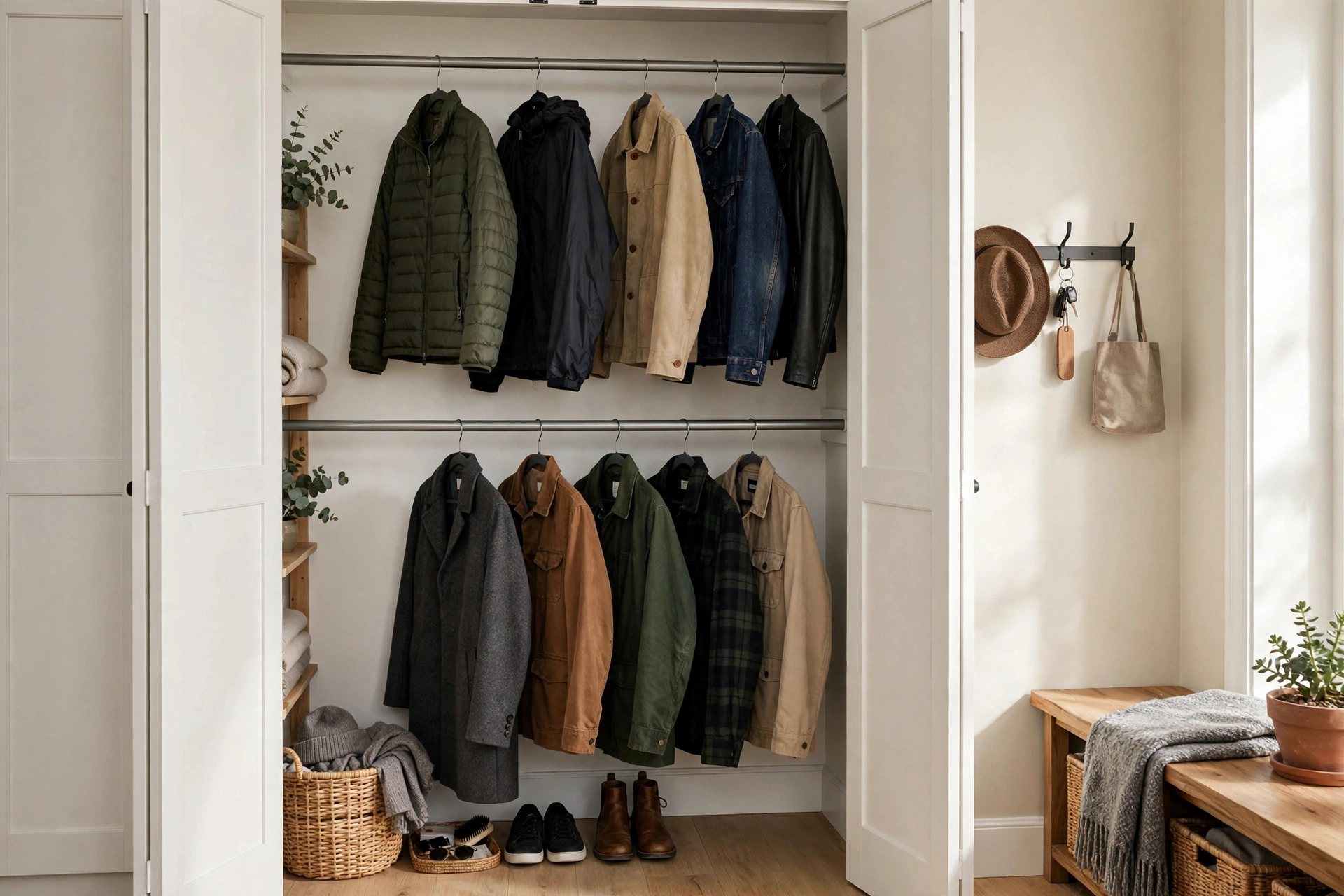 Entryway closet with double hang rods holding jackets on slim hangers