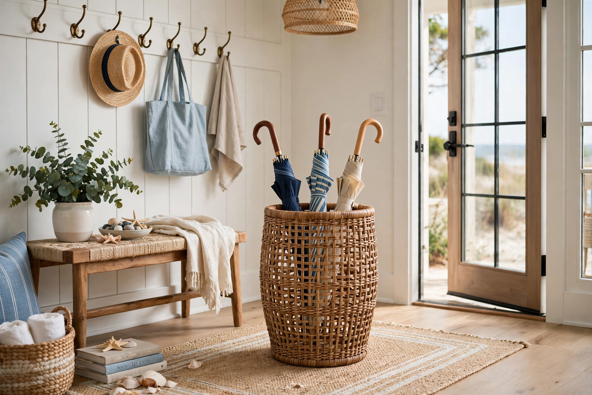 Woven rattan umbrella stand with natural texture in a coastal entryway
