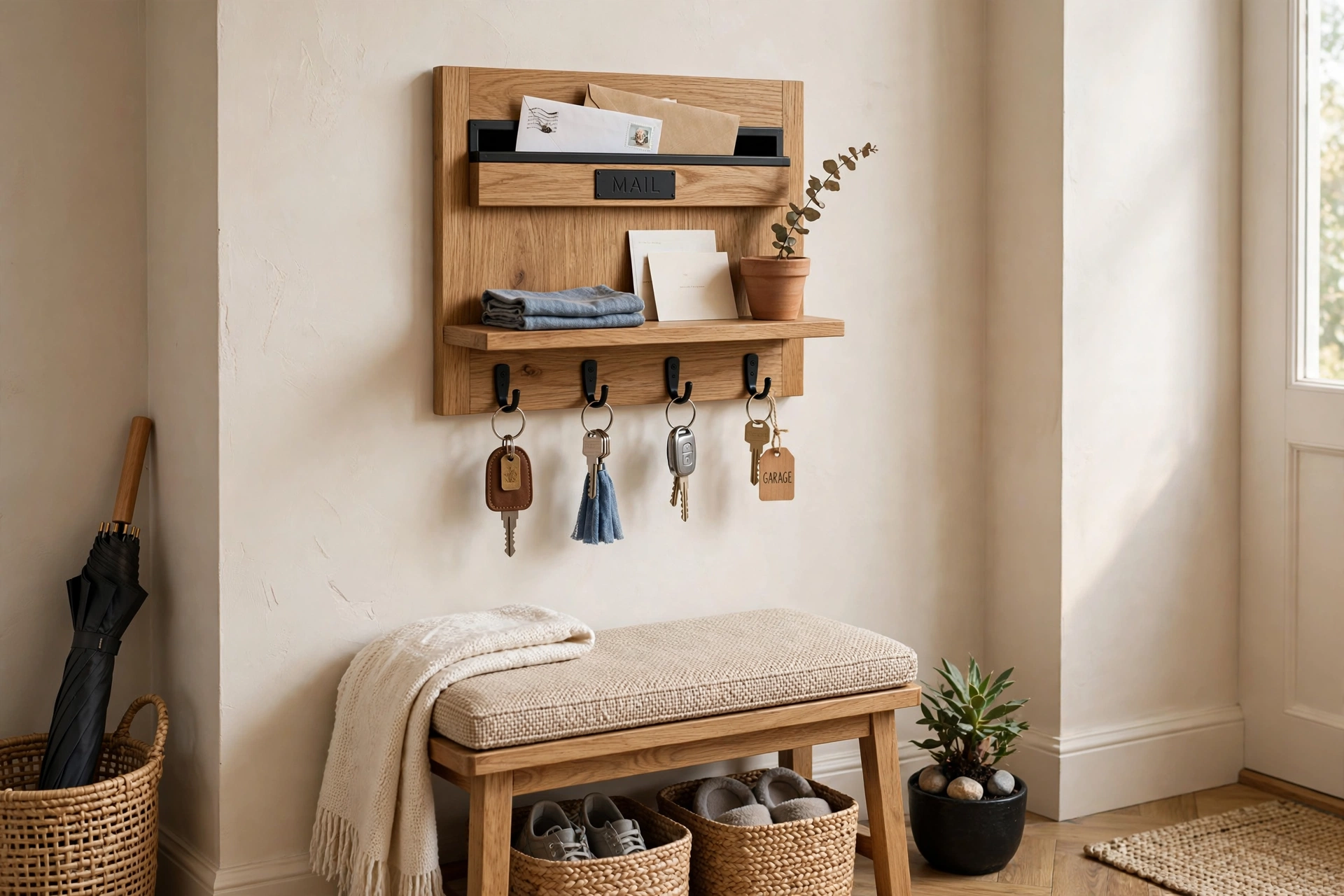 Wall organizer with key hooks and a mail slot in a tidy entryway
