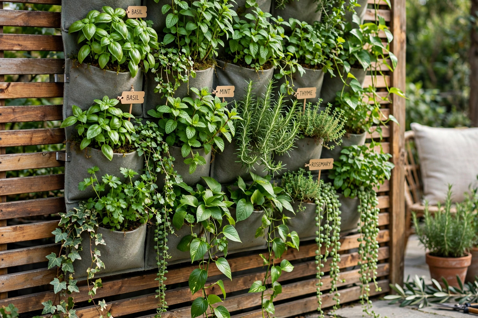 Lush vertical garden wall of herbs and trailing plants on a patio fence