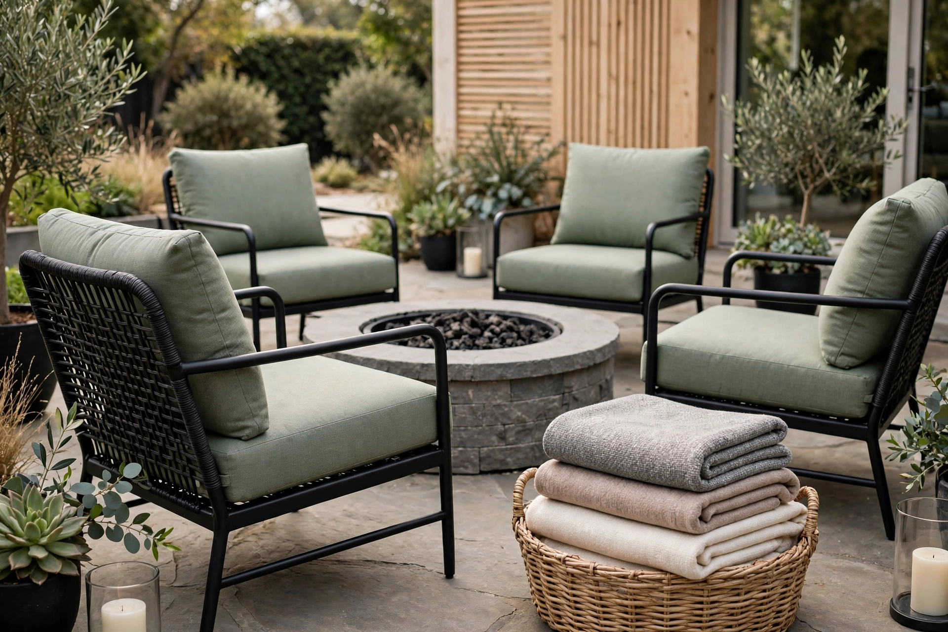 Fire pit chairs with weatherproof cushions and folded outdoor throws