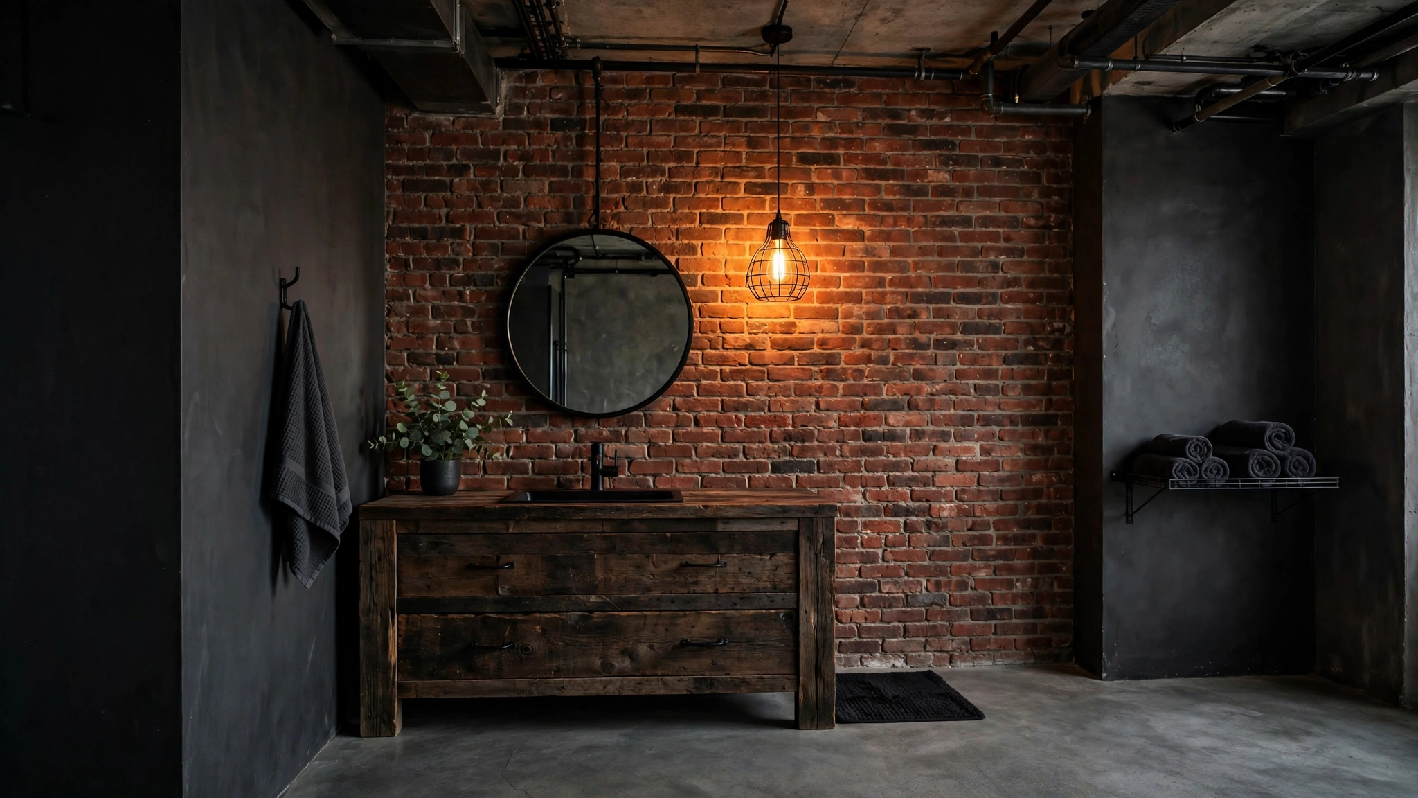 Industrial bathroom with exposed red brick wall behind a reclaimed wood vanity and Edison light