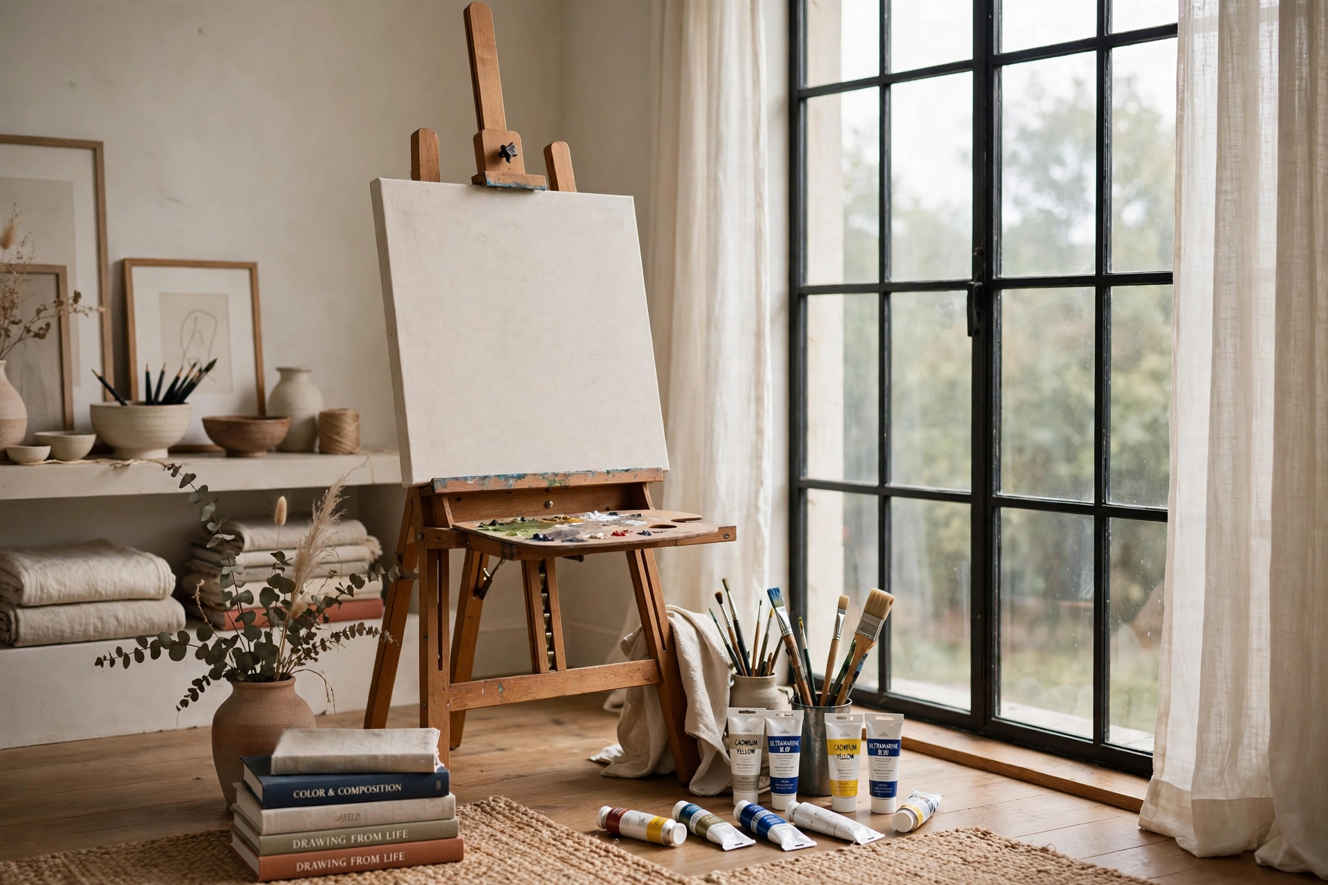Artist easel beside a large north facing window with soft daylight