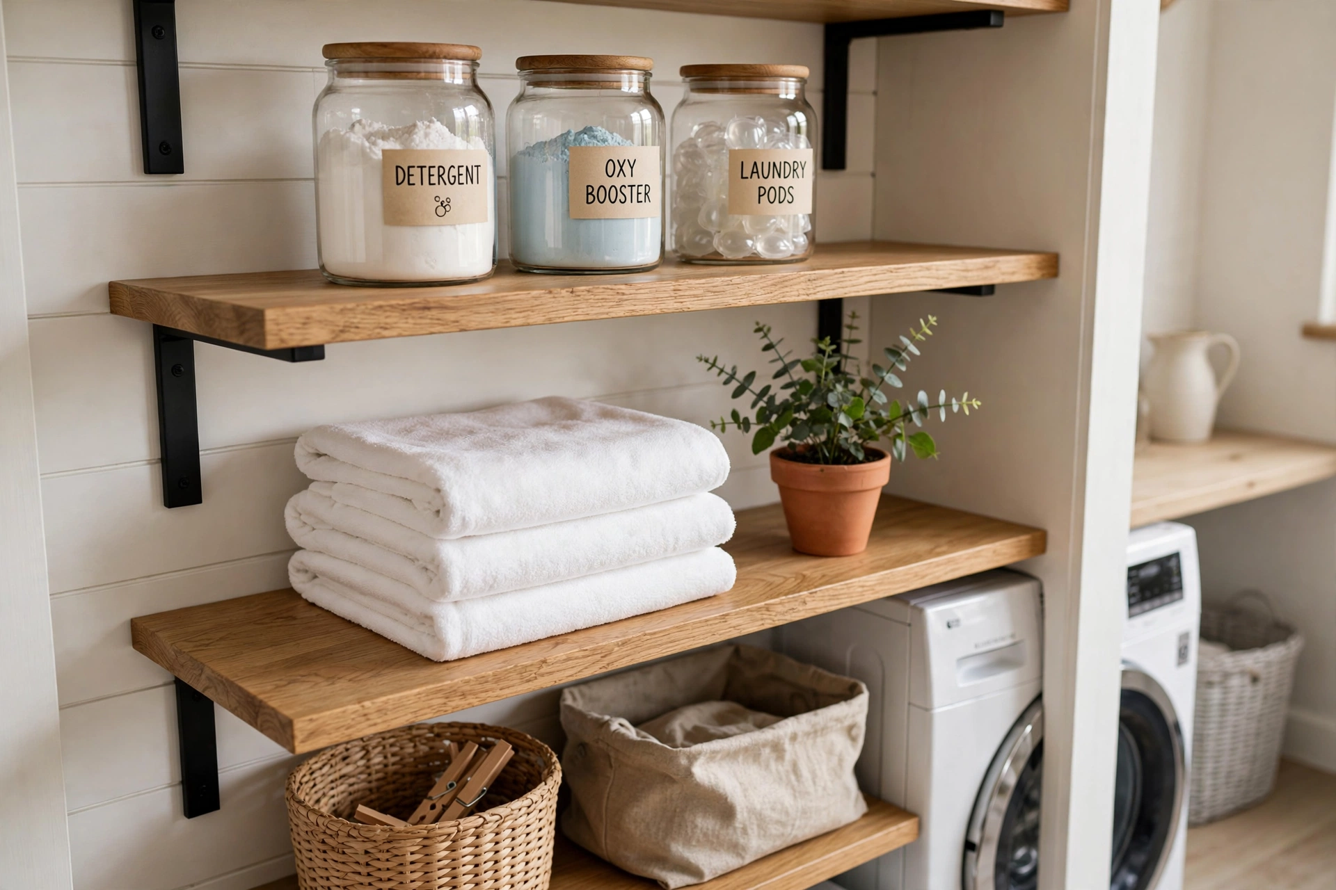 Open laundry shelves with glass jars of detergent and folded towels
