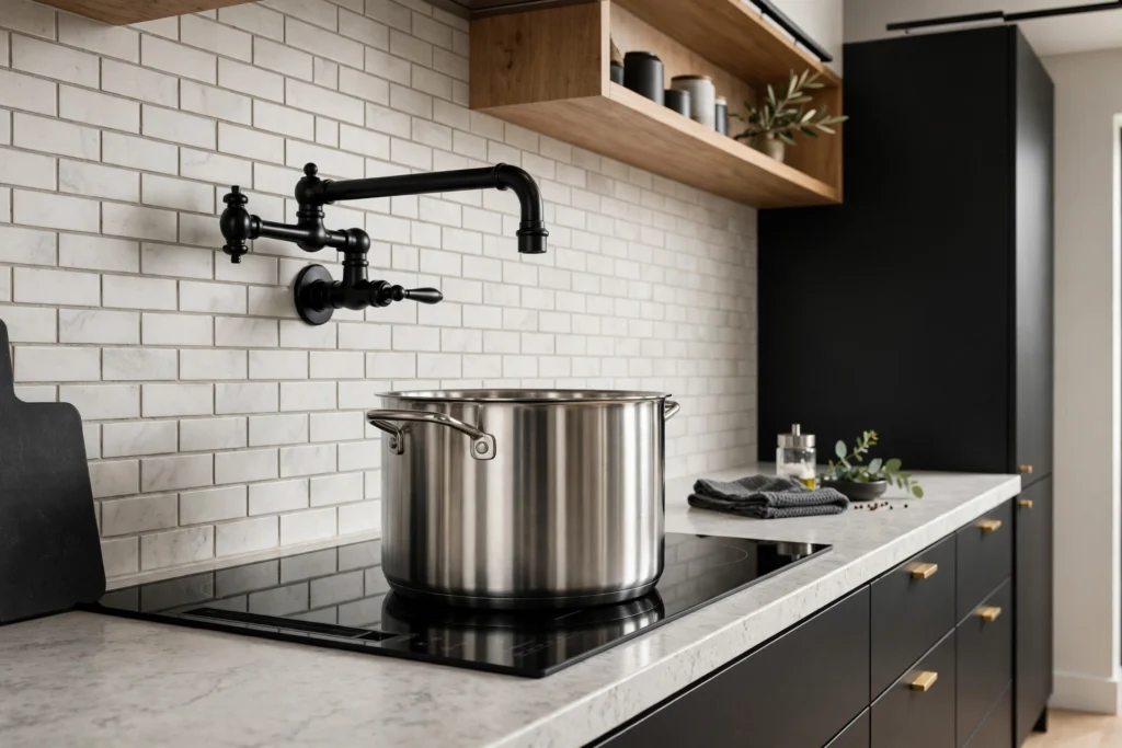 Matte black pot filler extended over a stockpot on a modern kitchen cooktop