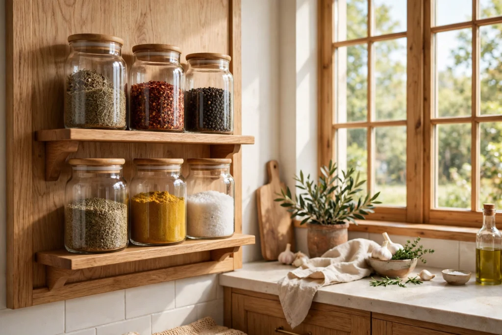 Wooden wall-mounted spice rack with glass jars beside a kitchen window