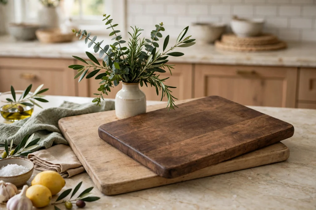 Two overlapping cutting boards with a small vase styled on a kitchen counter