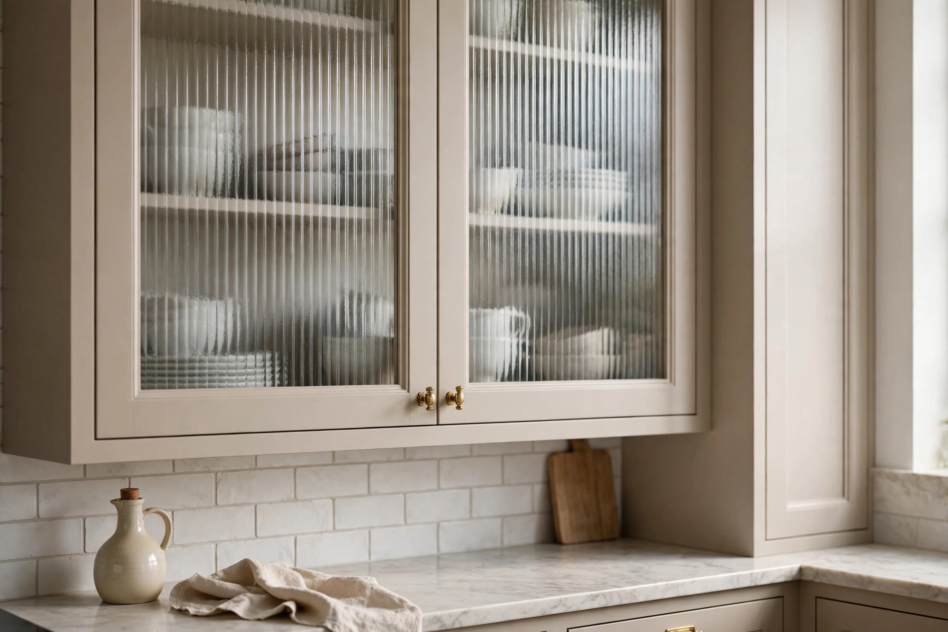 Reeded glass cabinet doors softly blurring dishware in a transitional kitchen