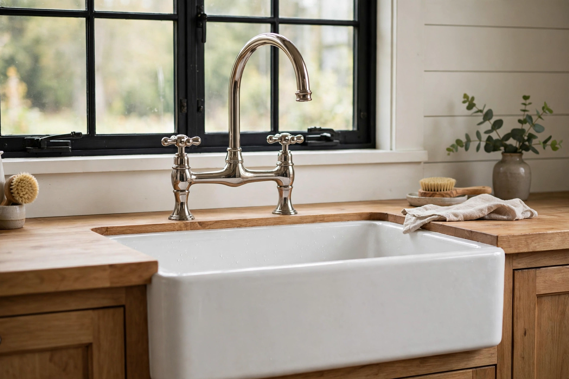 Vintage bridge faucet with cross handles on a farmhouse apron-front sink
