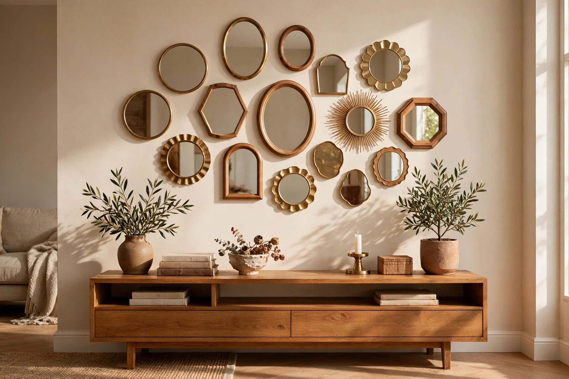 Gallery wall of small mirrors in varied shapes and brass frames