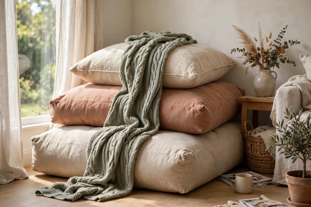 Stacked oversized floor cushions with throw blanket in bright corner
