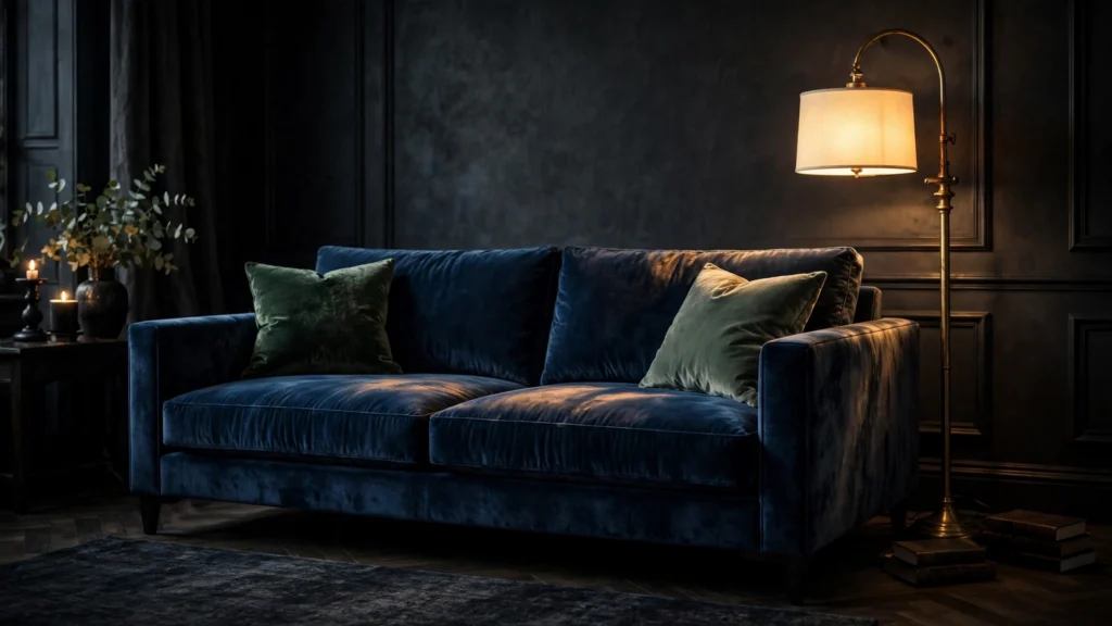 Midnight blue velvet sofa glowing under warm lamplight in a dark moody living room