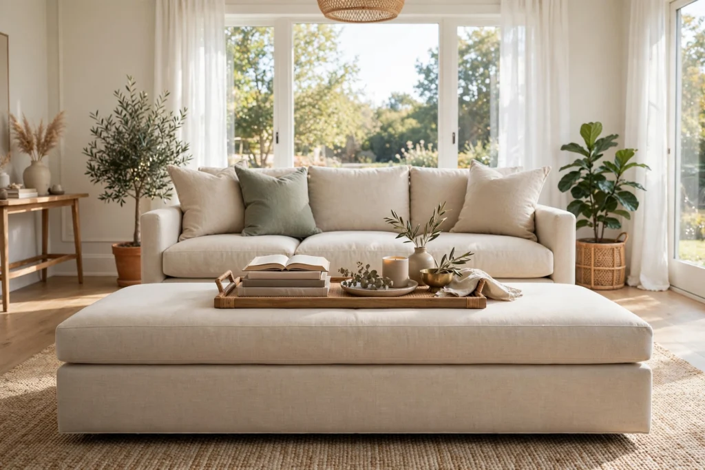 Long upholstered bench used as coffee table with tray and books