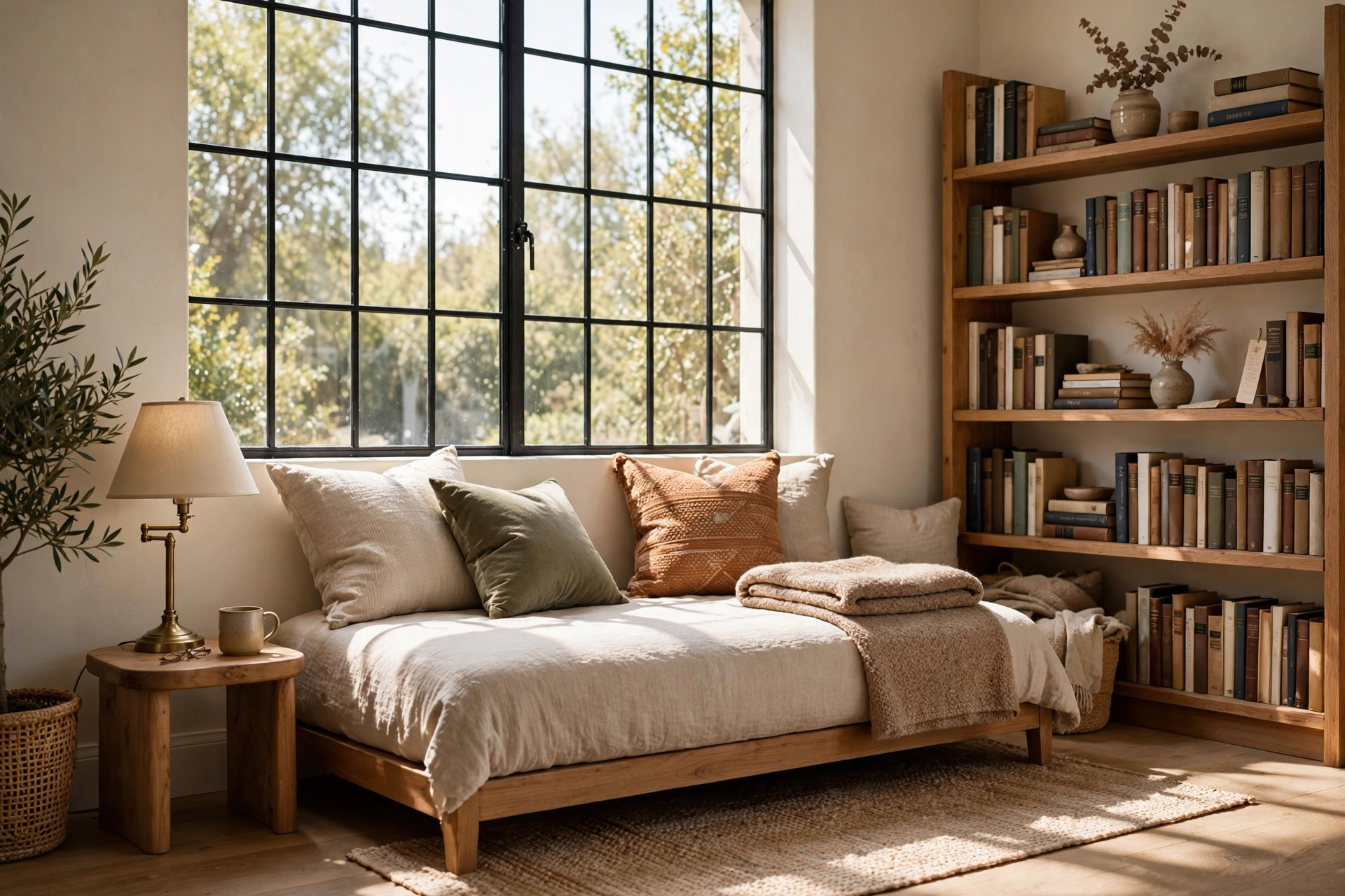 Daybed under large window with bookshelf reading lamp and throw