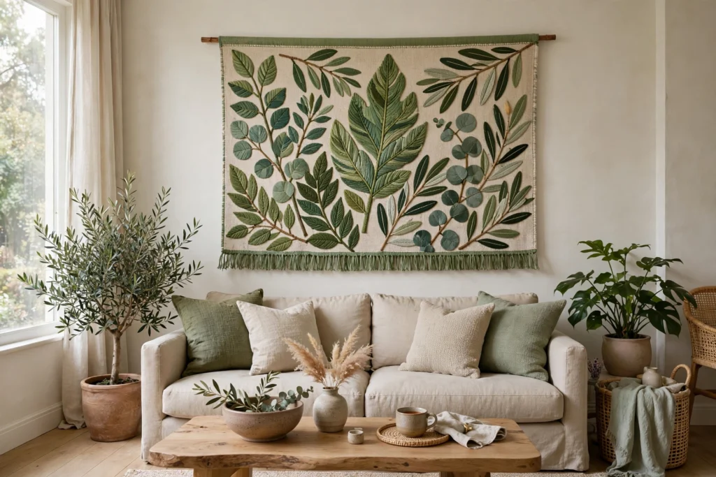 Botanical leaf tapestry in green tones above beige sofa