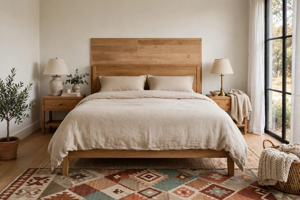 Rug tucked under the lower two-thirds of a bed with bare floor at headboard