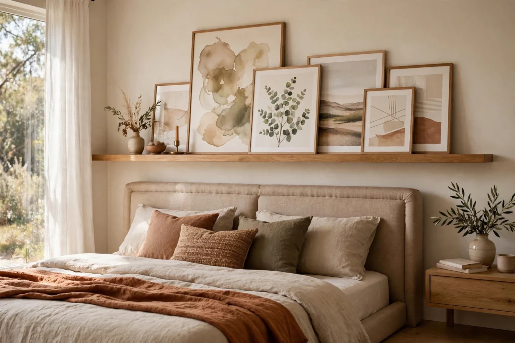 Long floating shelf with layered art above an upholstered headboard
